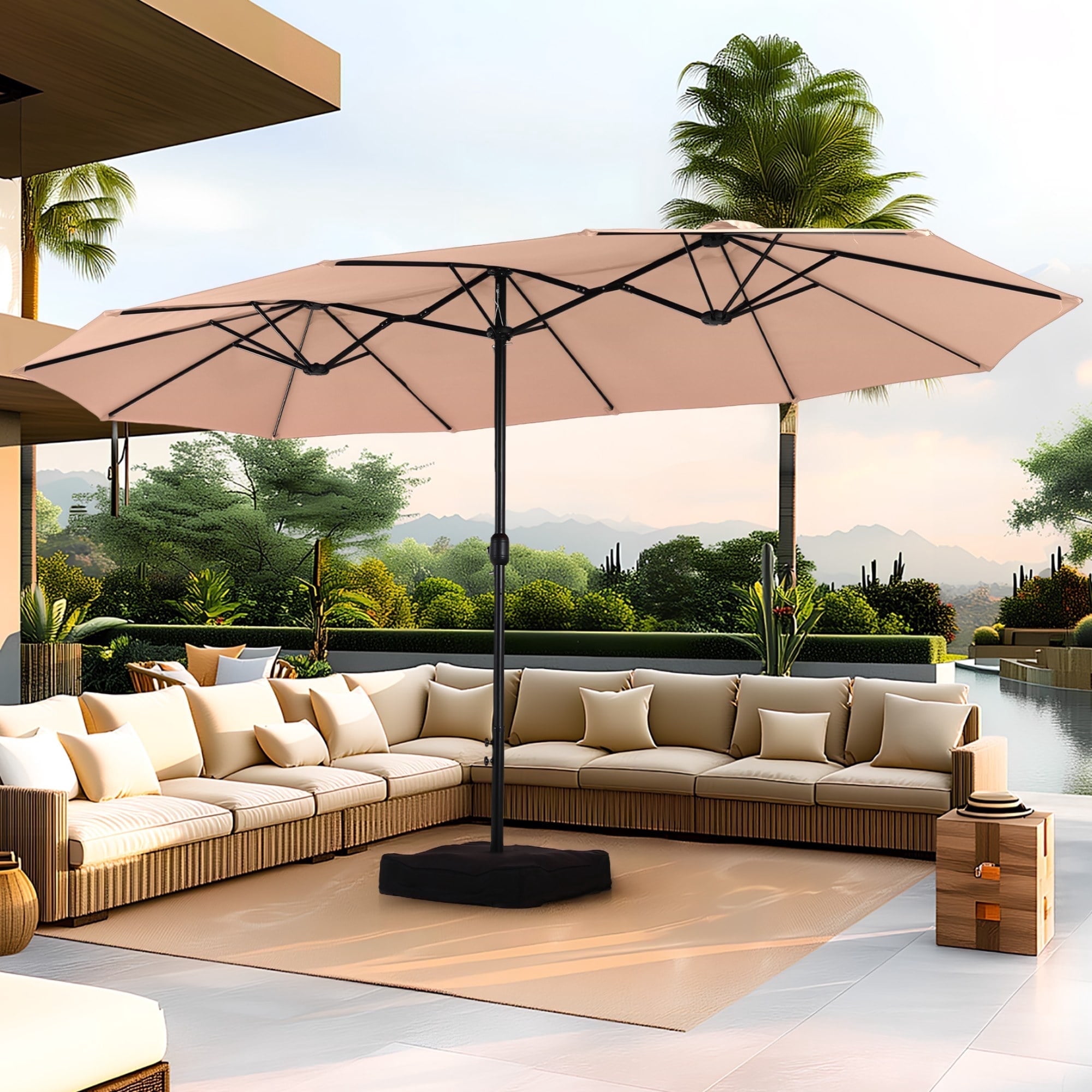 Summit Living 15 ft Large Patio Umbrella with Base (Included) Double-Sided Rectangular Outdoor Deck Umbrella for Outside - Beige
