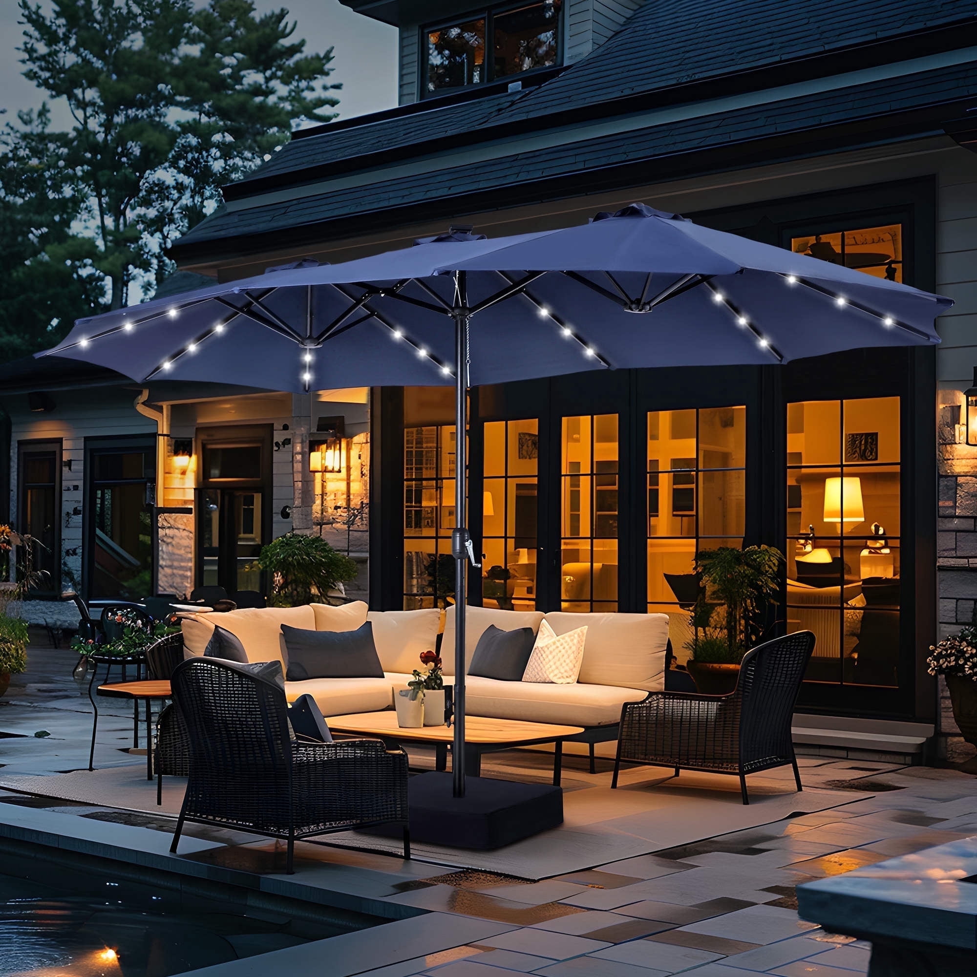 Summit Living 15ft Double-Sided Solar Patio Umbrella with Base Large Outdoor Umbrella with 36 PCs LED Lights, Navy Blue