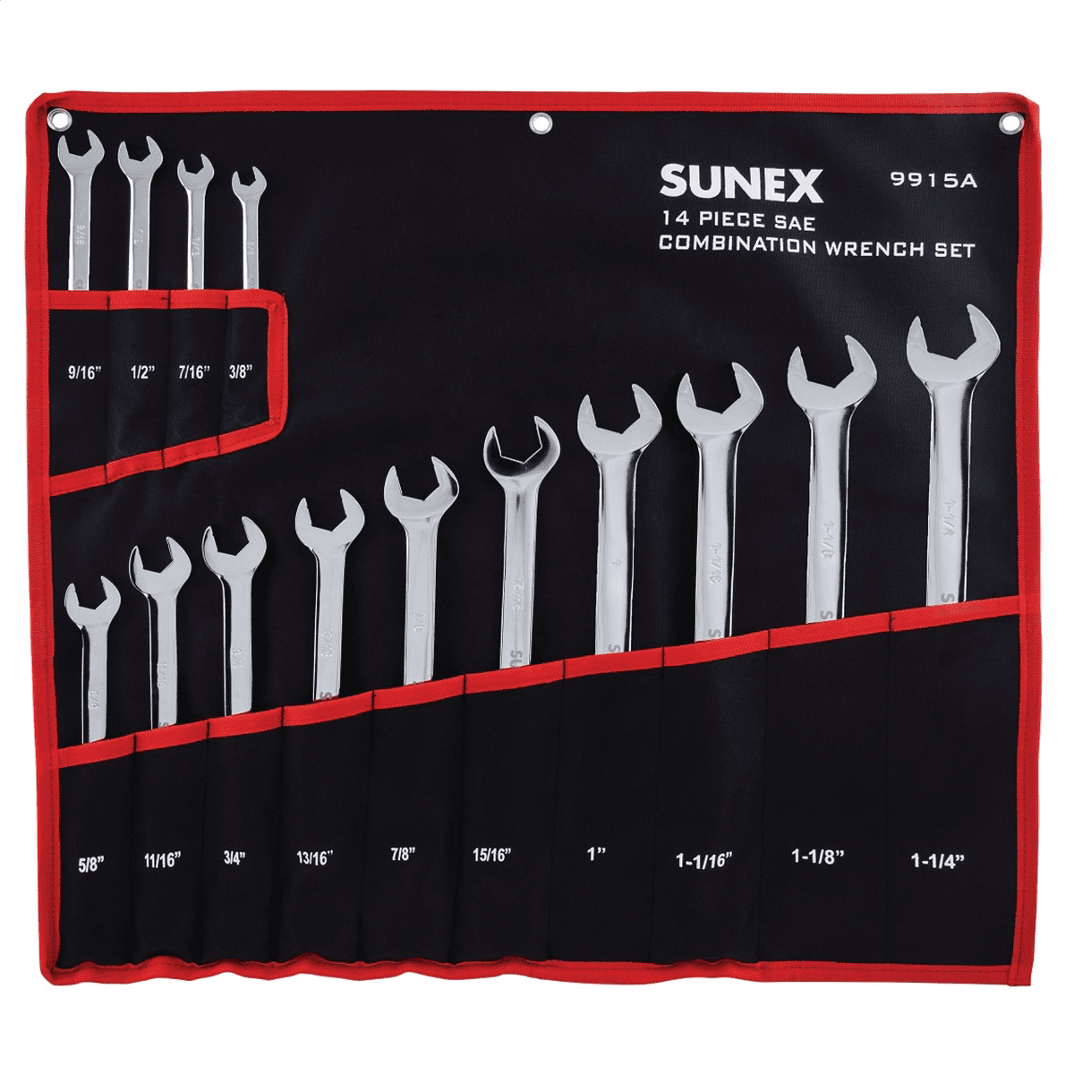 Sunex 9915A 14pc Fractional SAE Full Polish V-Groove Combination Wrench Set