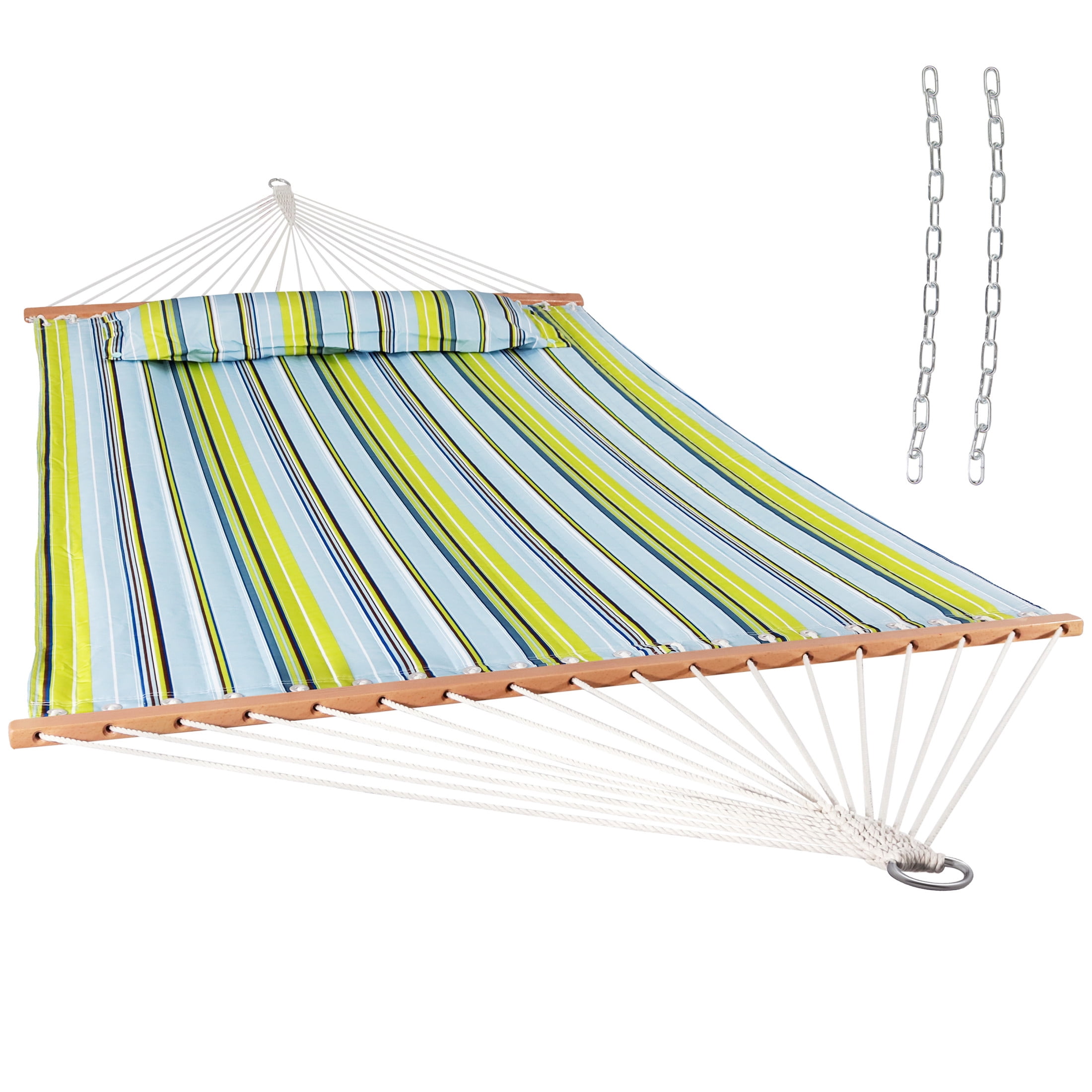 Sunnydaze 2-Person Quilted Polyester Spreader Bar Hammock, 450 lb Capacity - Blue and Green