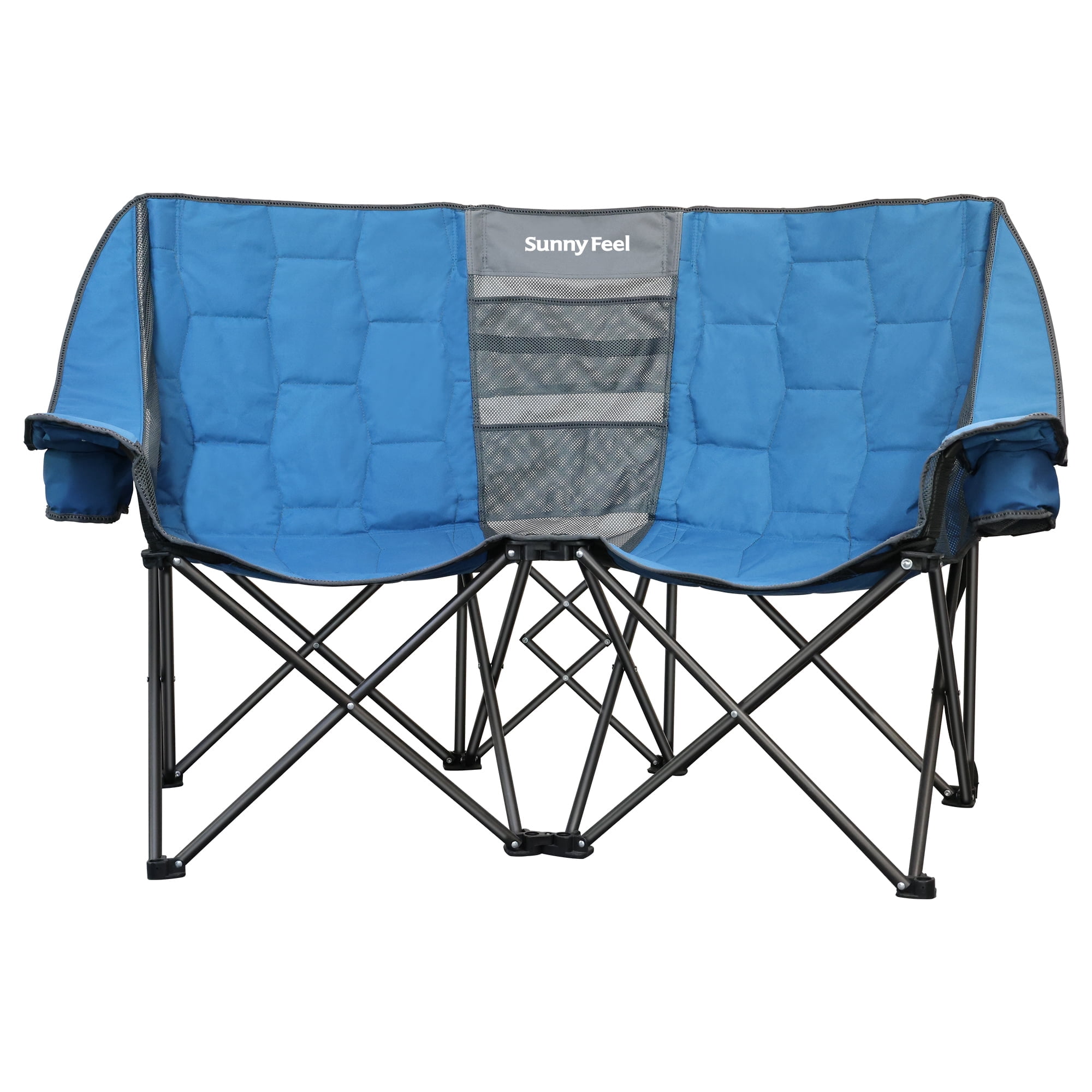 Sunnyfeel Heavy Duty Double Camping Chair Folding Loveseat with Mesh Storage, Comfortable for 2 Person, Blue