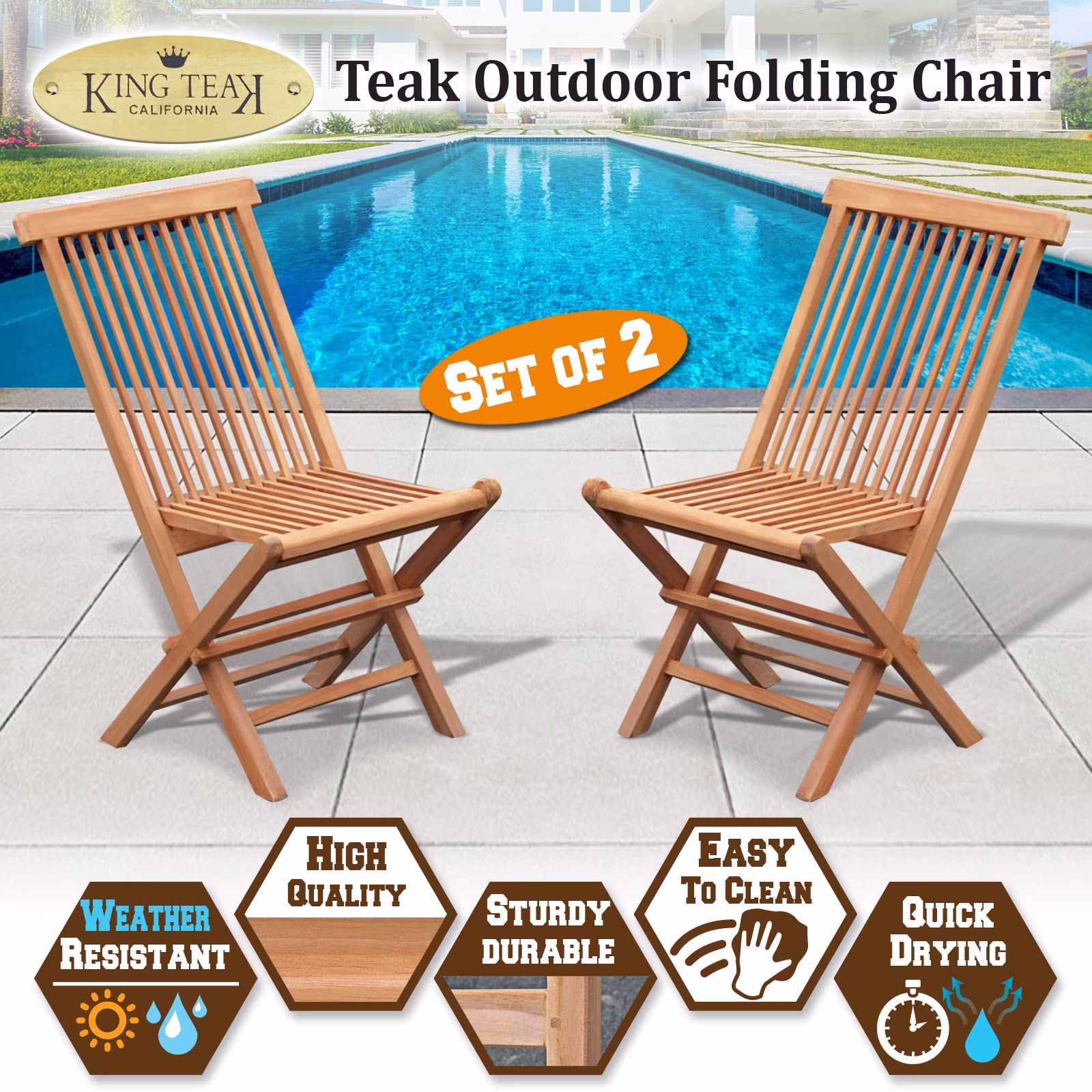 Sunrise Golden Teak Wood Folding Chair Set, 2 PC Folding Chair for Patio, Garden and Yard