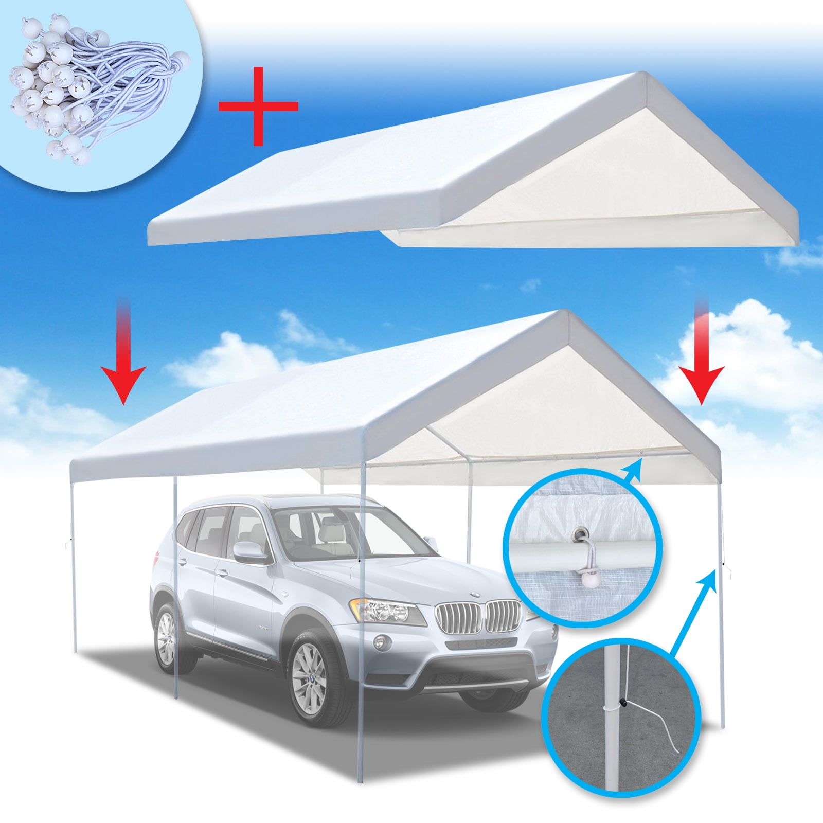 Sunrise 20'x10' Carport Replacement Canopy Tent Top Garage Shelter Cover W Ball Bungees