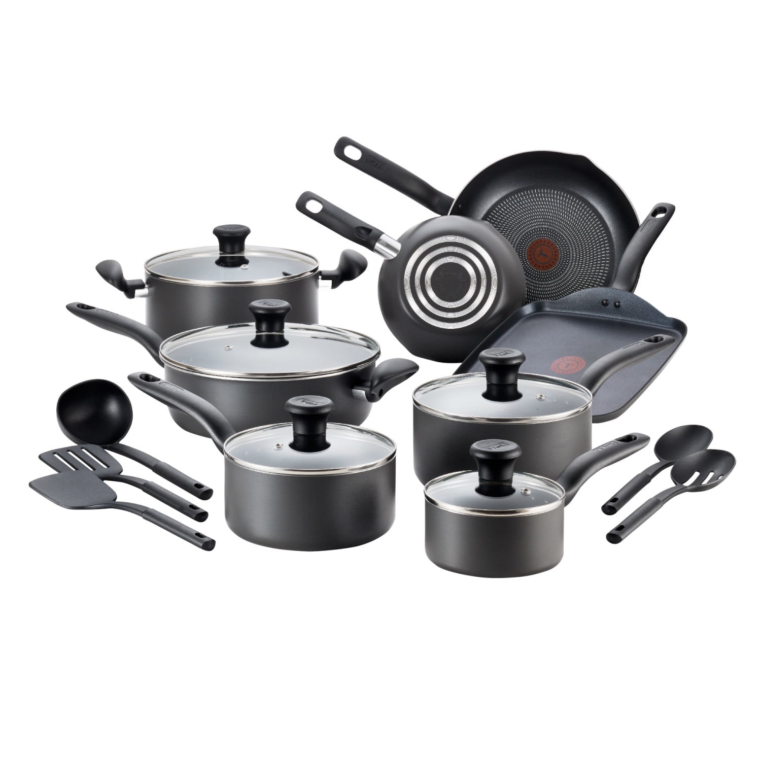 T-fal Initiatives Non-Stick Pots and Pans 18 Piece Cookware Set, Black