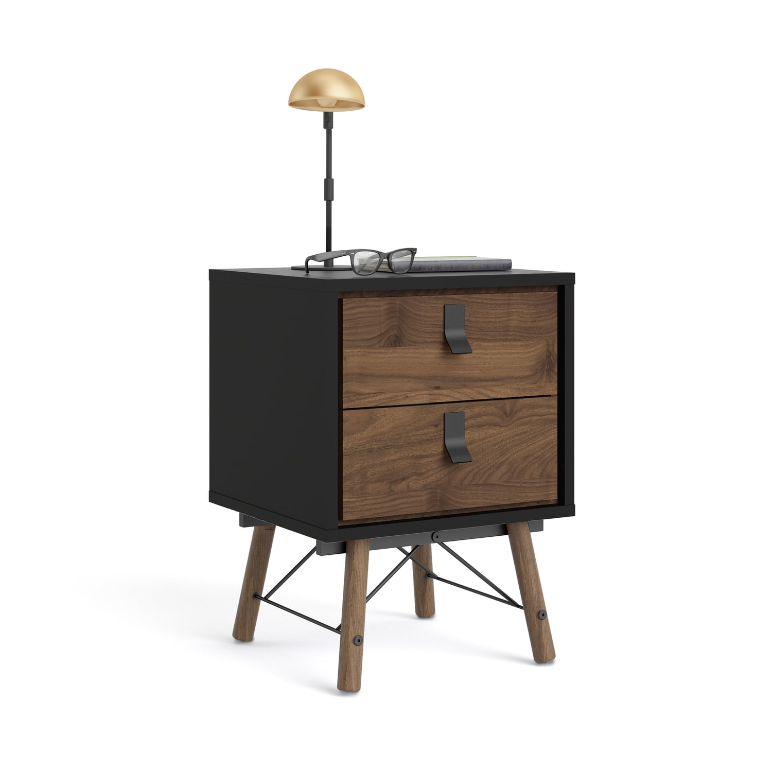 Tvilum Ry 2 Drawer Bedroom Nightstand for Adults, Black Matte/Walnut