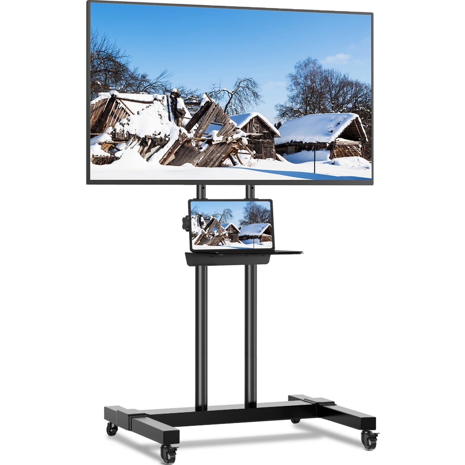 RTVR Rolling Mobile TV Stand on Wheels for 32-85 inch Flat Screens, Portable Tall TV Stand with Adjustable Metal Shelf Black