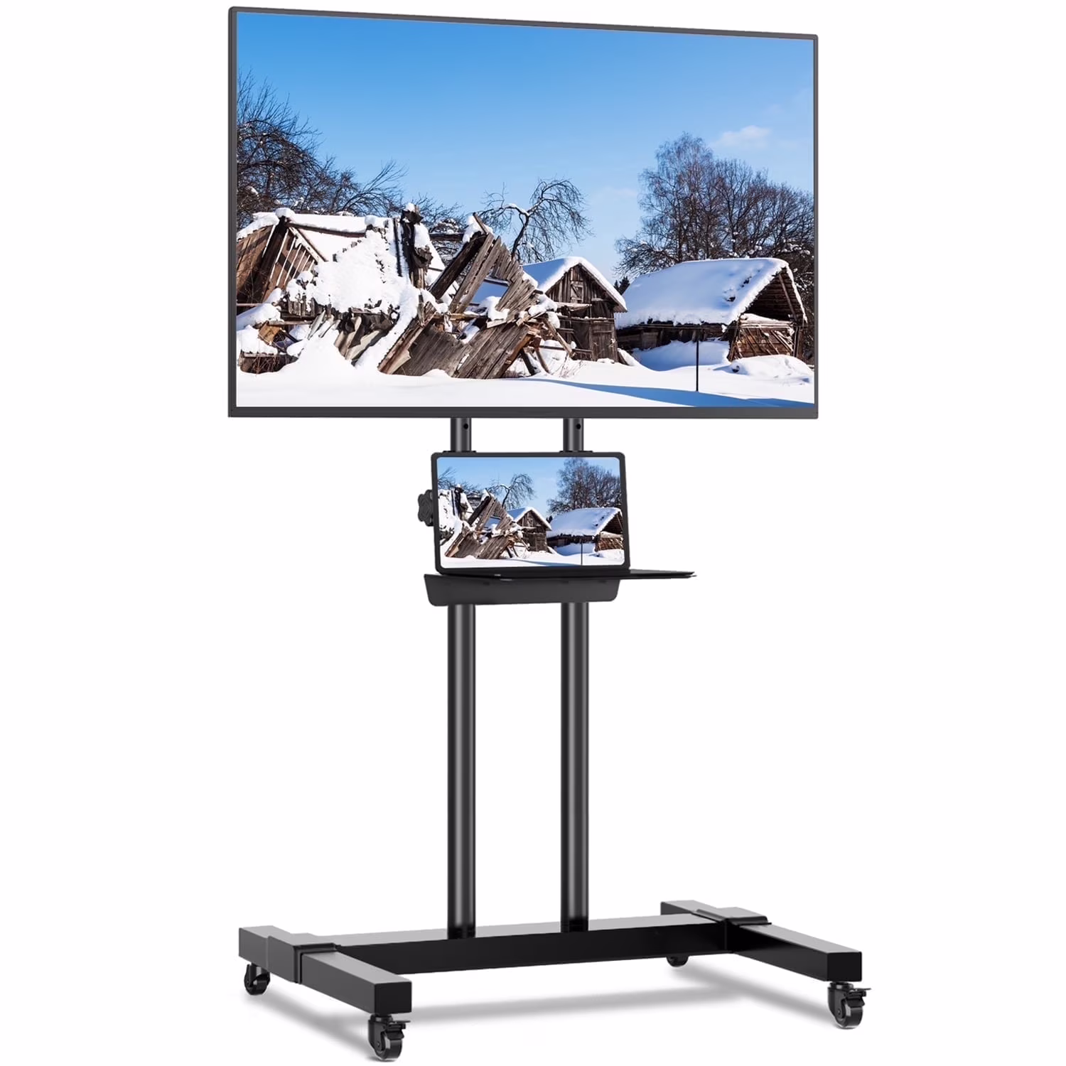 RTVR Rolling Mobile TV Stand on Wheels for 32-85 inch Flat Screens, Portable Tall TV Stand with Adjustable Metal Shelf Black