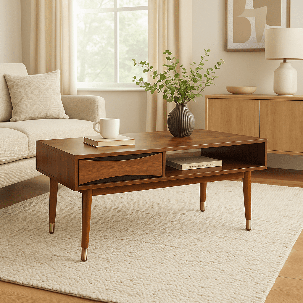 Teamson Home Dawson Modern Wooden Coffee Table with Drawer and Shelf, Walnut