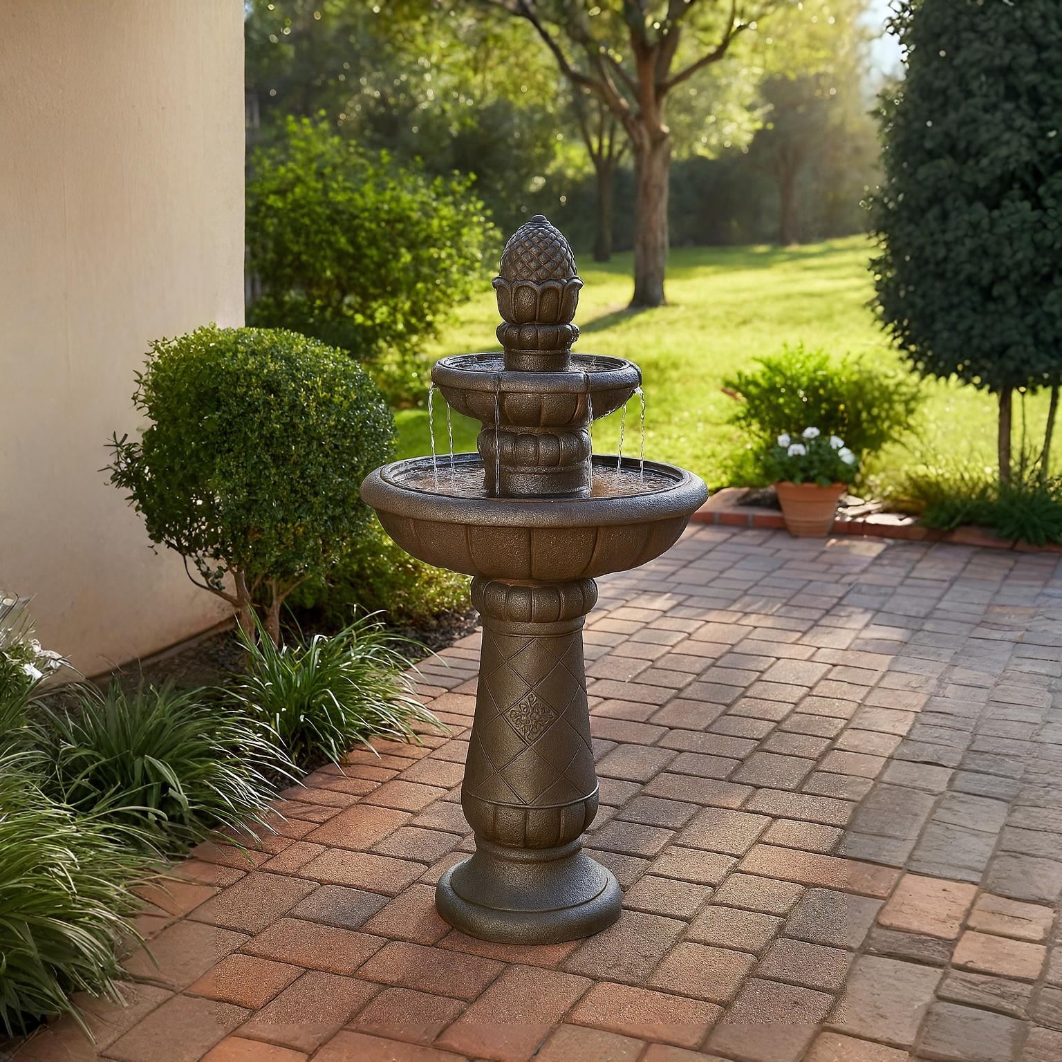 Teamson Home 2-Tier Birdbath Water Fountain Outdoor Garden–Shallow Basin with Built-In Electric Pump & Simple Setup, Carbon Gray