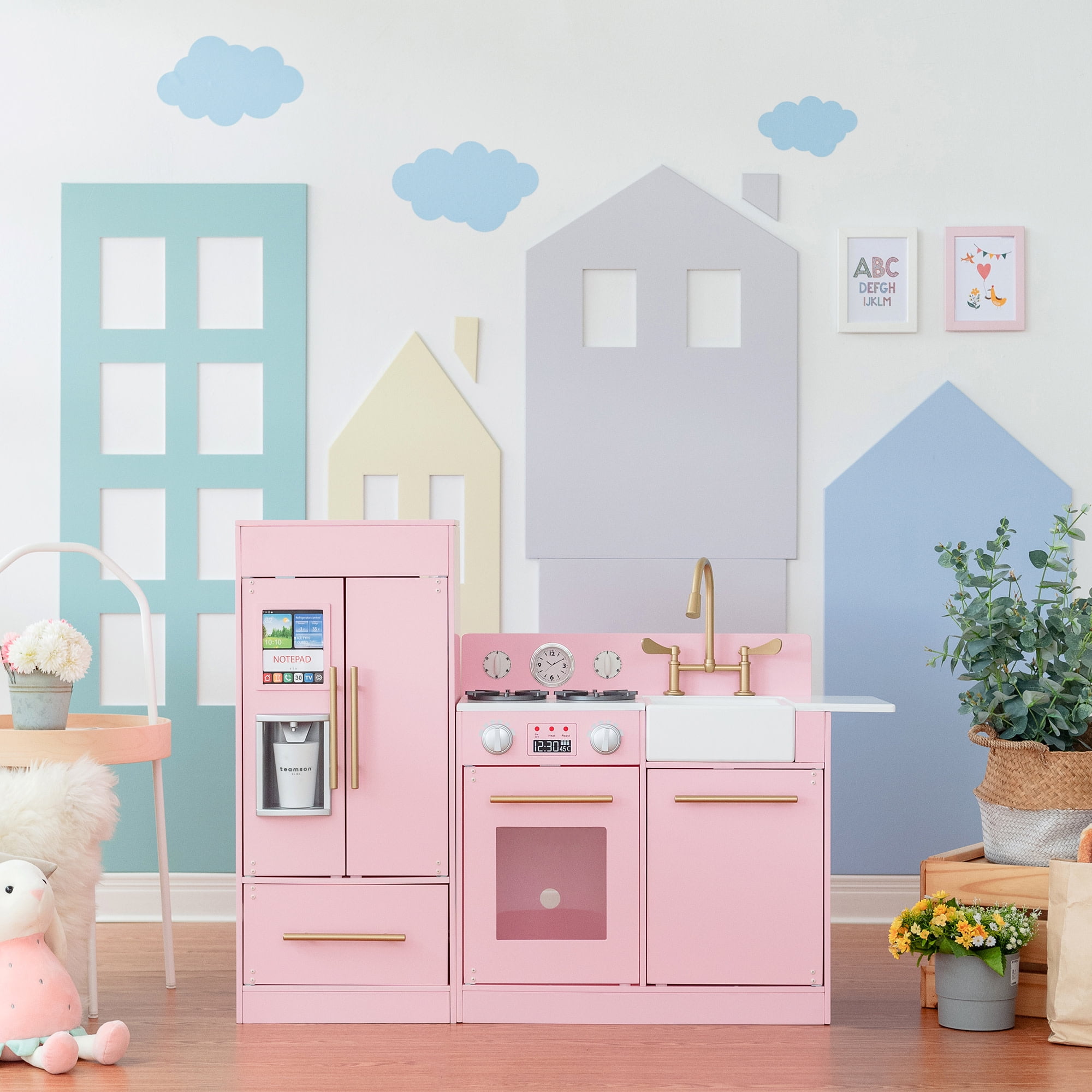 Teamson Kids Little Chef Charlotte Wooden Play Kitchen Set for Toddlers, Pretend Cooking Playset with Stove, Sink & Fridge, Pink/Gold
