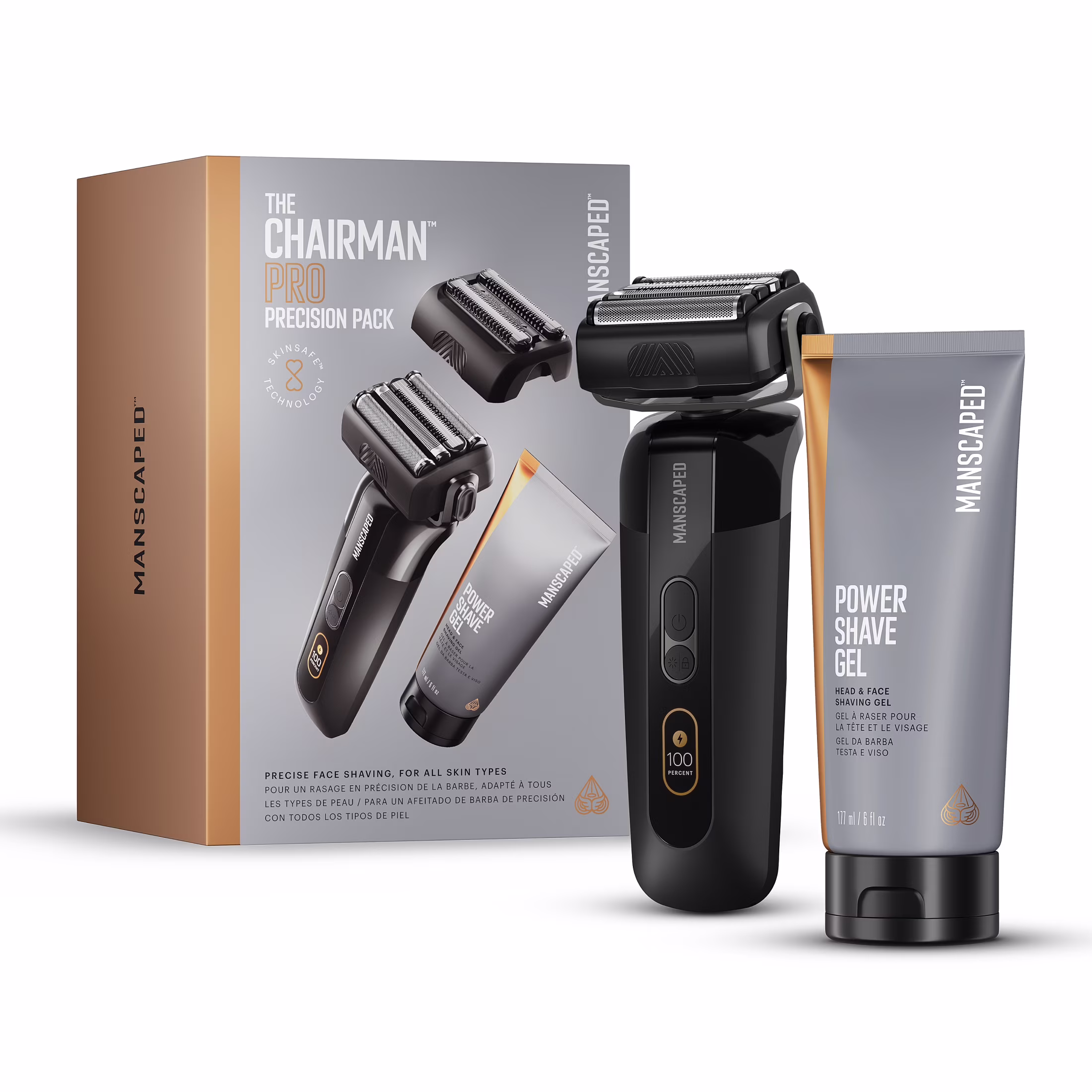 MANSCAPED® The Chairman™ Pro Precision Pack, Electric Foil Face Shaver and SkinSafe® Face Stubble Trimmer with Power Shave Gel