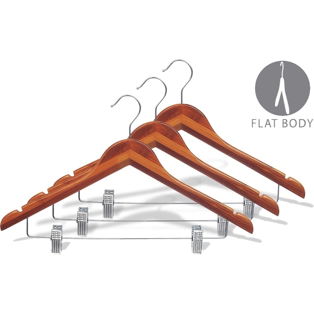 The Great American Hanger Company Bamboo Combo Hanger with Adjustable Cushion Clips, Eco-Friendly 17 Inch Flat Wooden Hangers with Chrome Swivel Hook