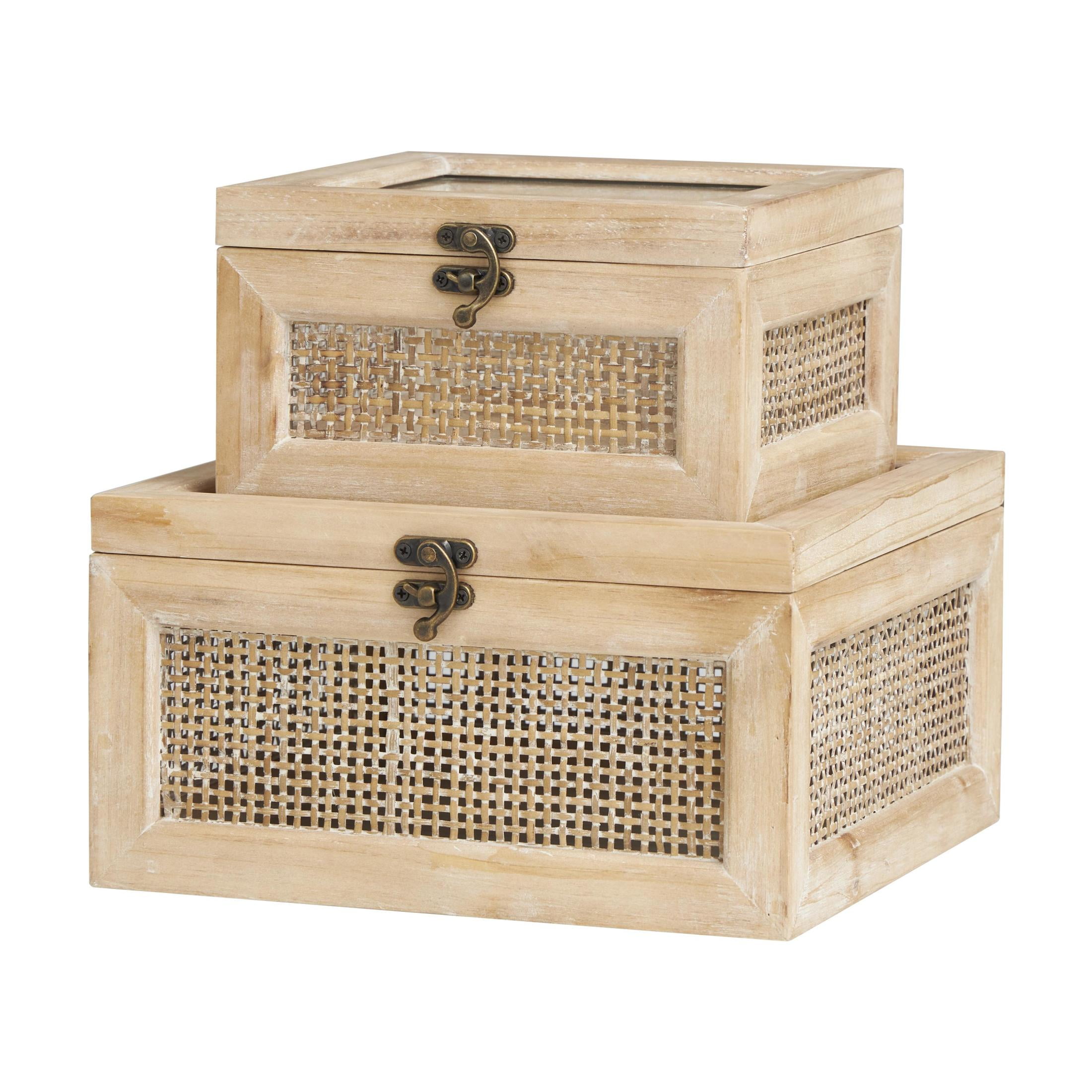 DecMode Light Brown Wood Decorative Box with Rattan Panels and Glass Tops, 2 Count