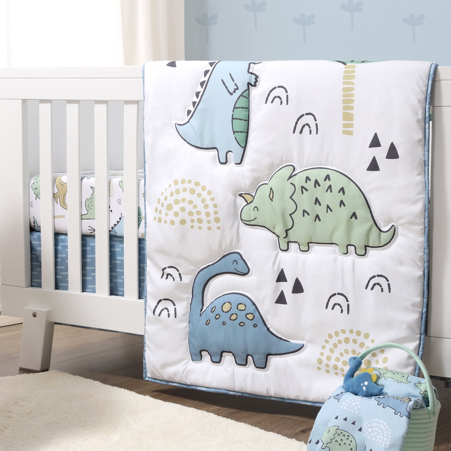 The Peanutshell Blue Dino 5 Piece Crib Bedding Set for Baby Boys, Nursery Set with Blanket