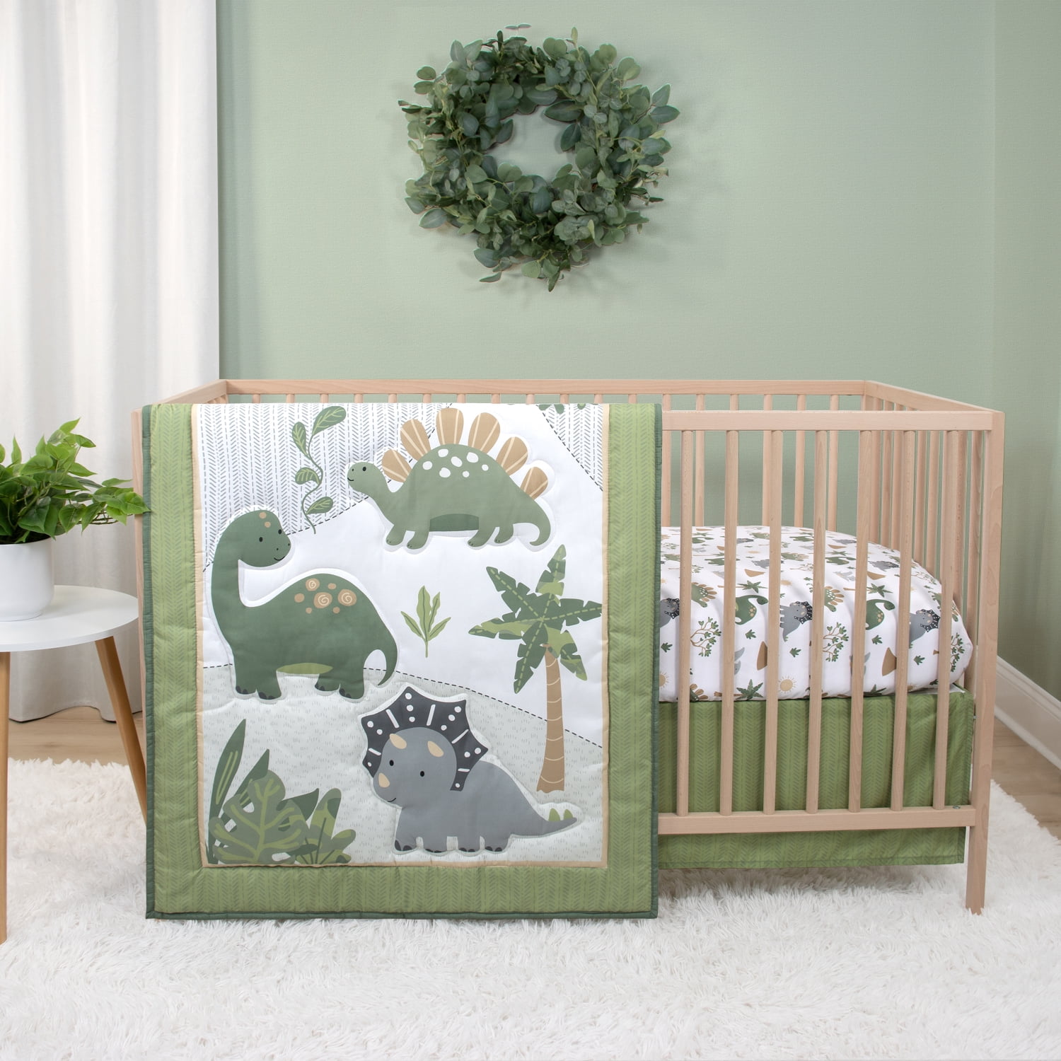 The Peanutshell Green Dinosaur Dreams Crib Bedding Set for Baby Boys, 3 Piece Nursery Set