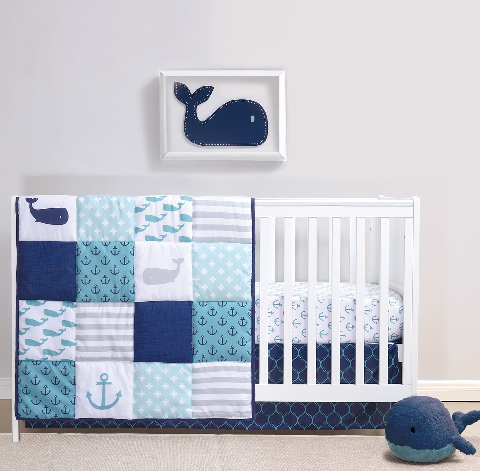 The Peanutshell 3-Piece Nautical Whale Patchwork Crib Bedding Set