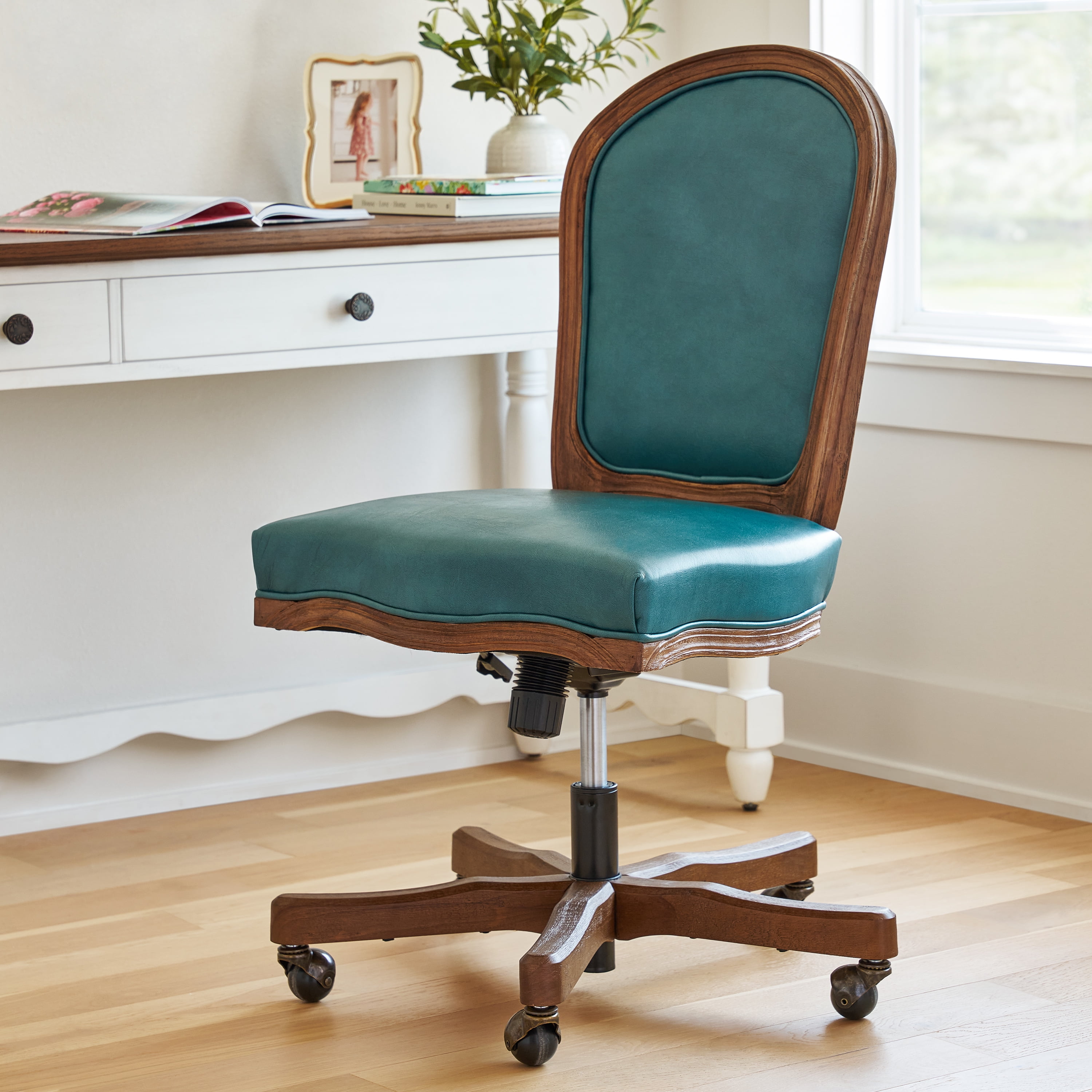 The Pioneer Woman Harper Wood Trim Office Chair, Turquoise Faux Leather