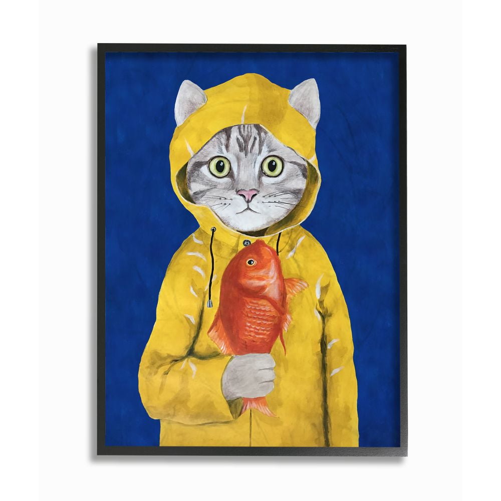 The Stupell Home Decor Collection Fisherman Feline Yellow Coat Cat Framed Giclee Texturized Art