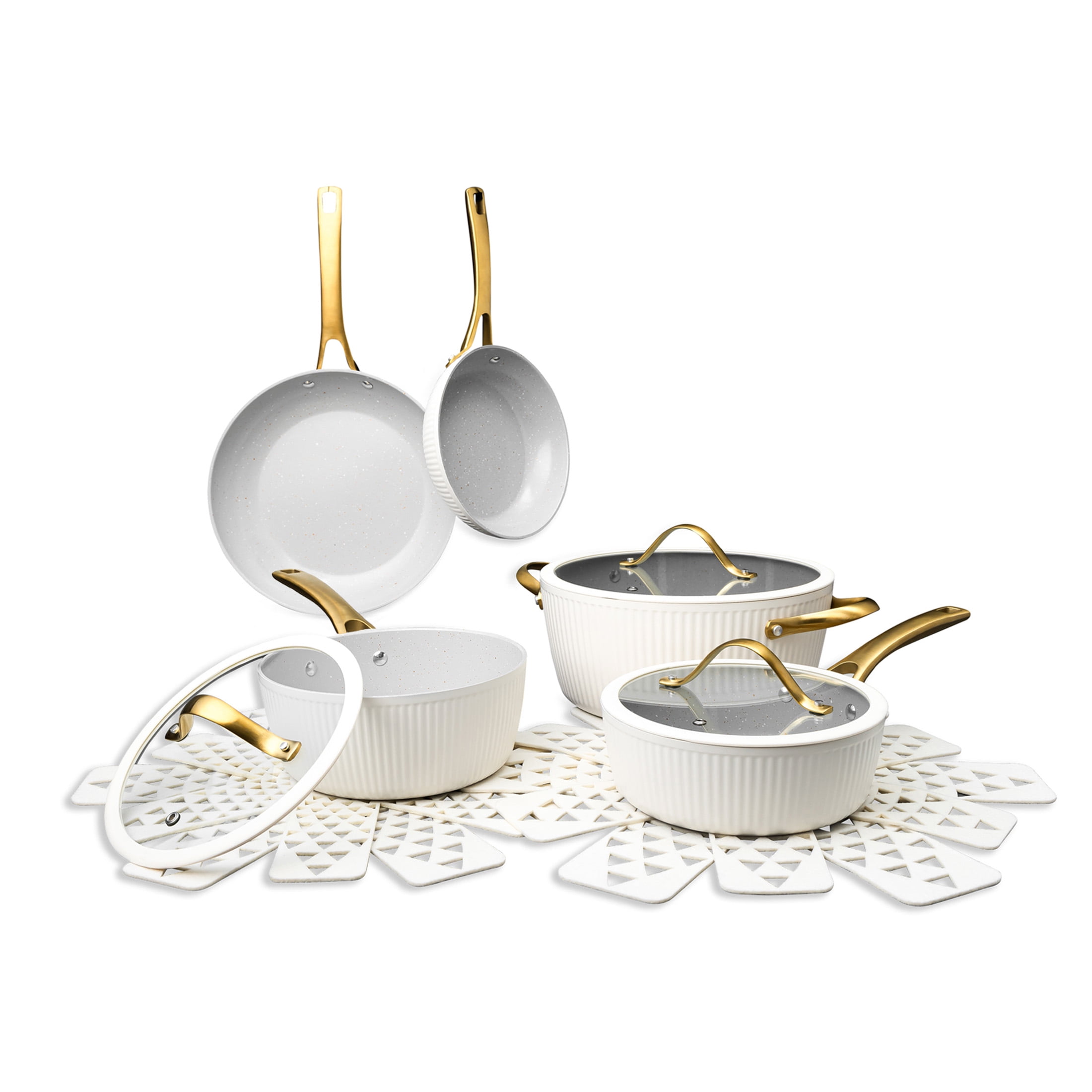 Thyme & Table 12-Piece Non-Stick Signature Cookware Set, Pots and Pans Set- White & Gold