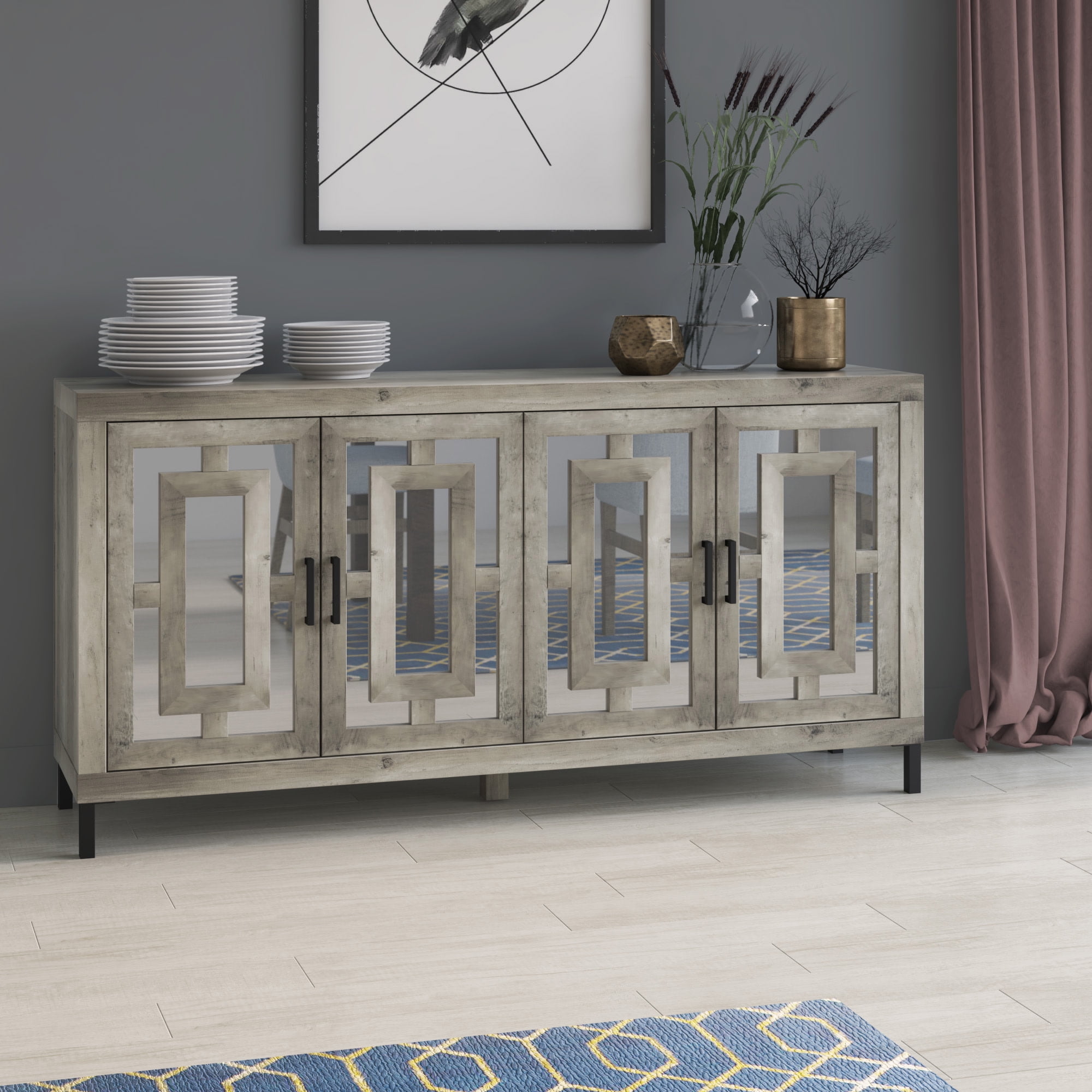 Twin Star Home 63" Sideboard with Geometric Mirrored Doors