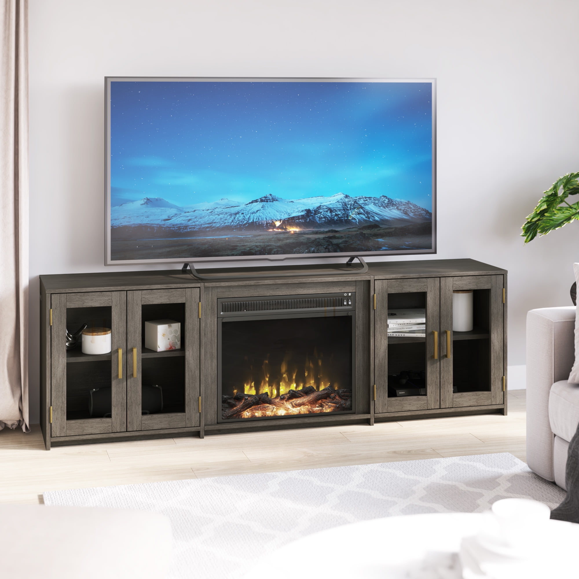 Twin Star Home TV Stand for TVs up to 80 in. with Electric Fireplace and Glass Cabinet Doors