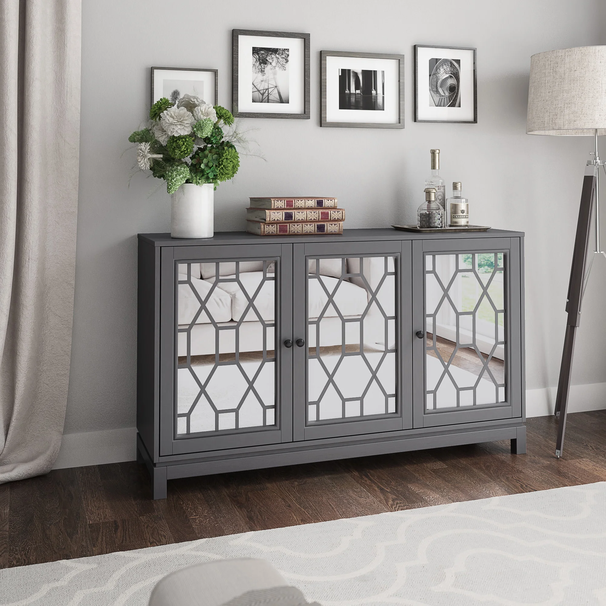 Twin Star Home 54" Sideboard with Mirrored Cabinet Doors
