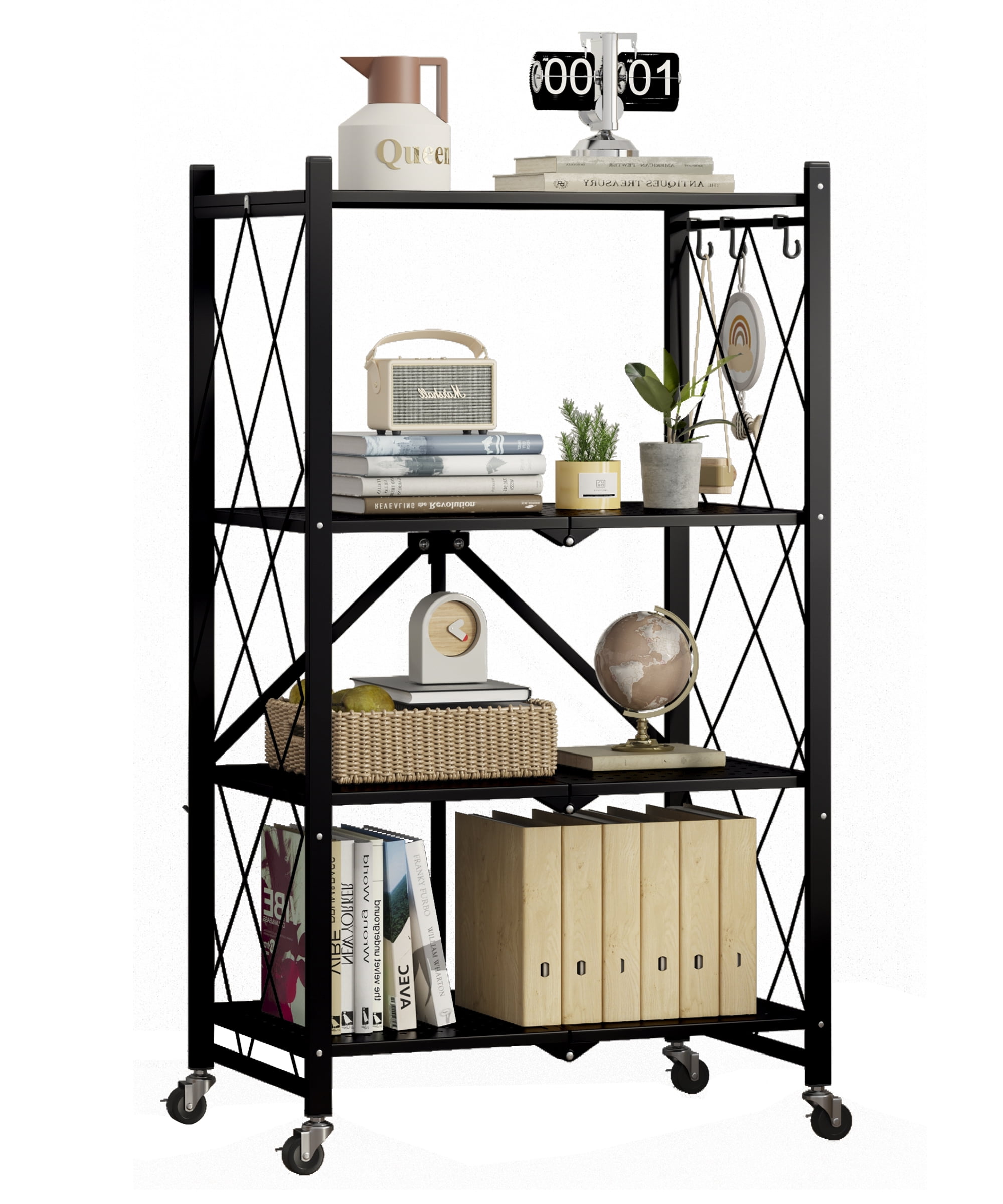 SUGIFT 4-Tier Foldable Metal Storage Shelf with Wheels, No Assembly, Heavy-Duty Organizer (600 lbs), Black