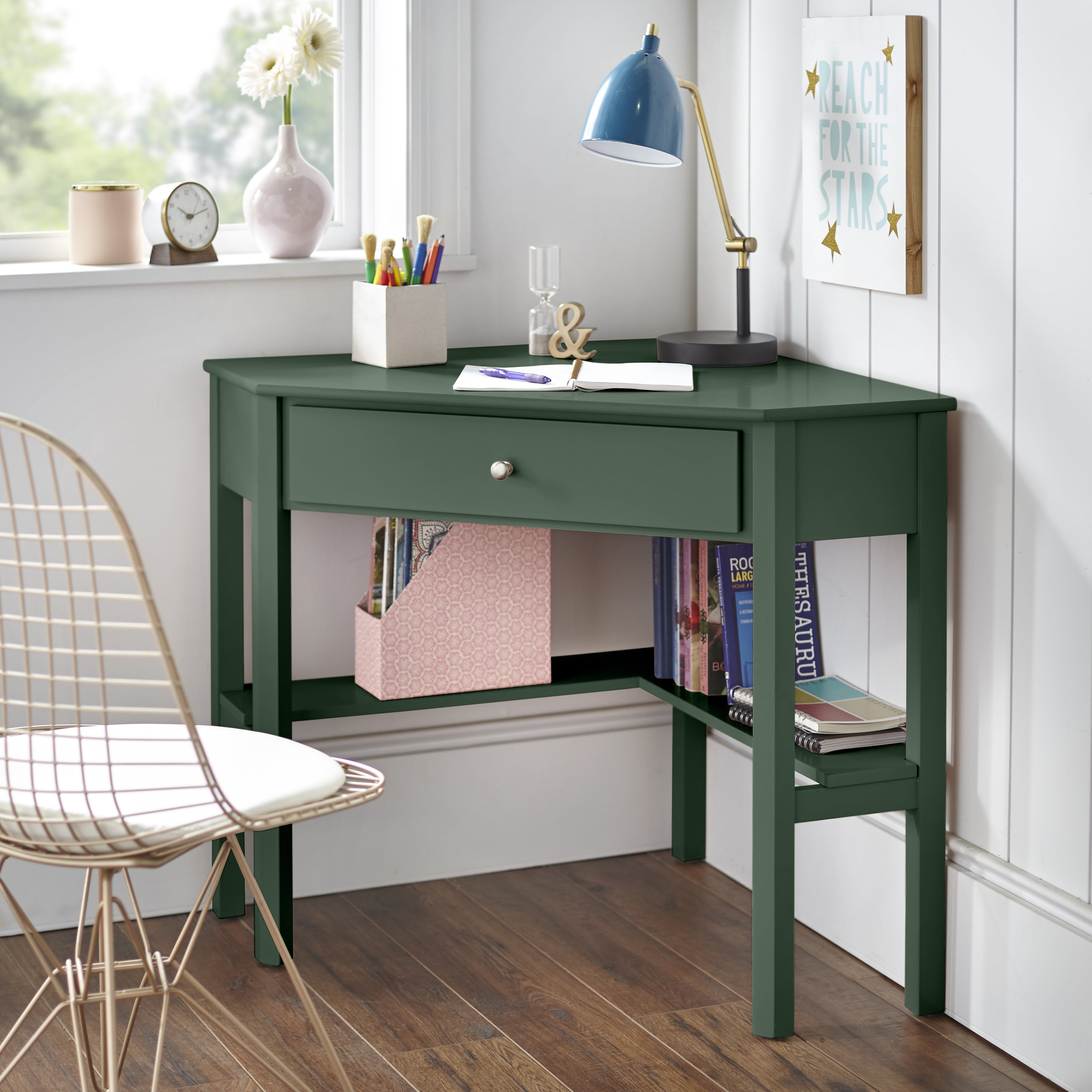 TMS Ellen Corner Desk with Drawer and Shelves, Dark Green
