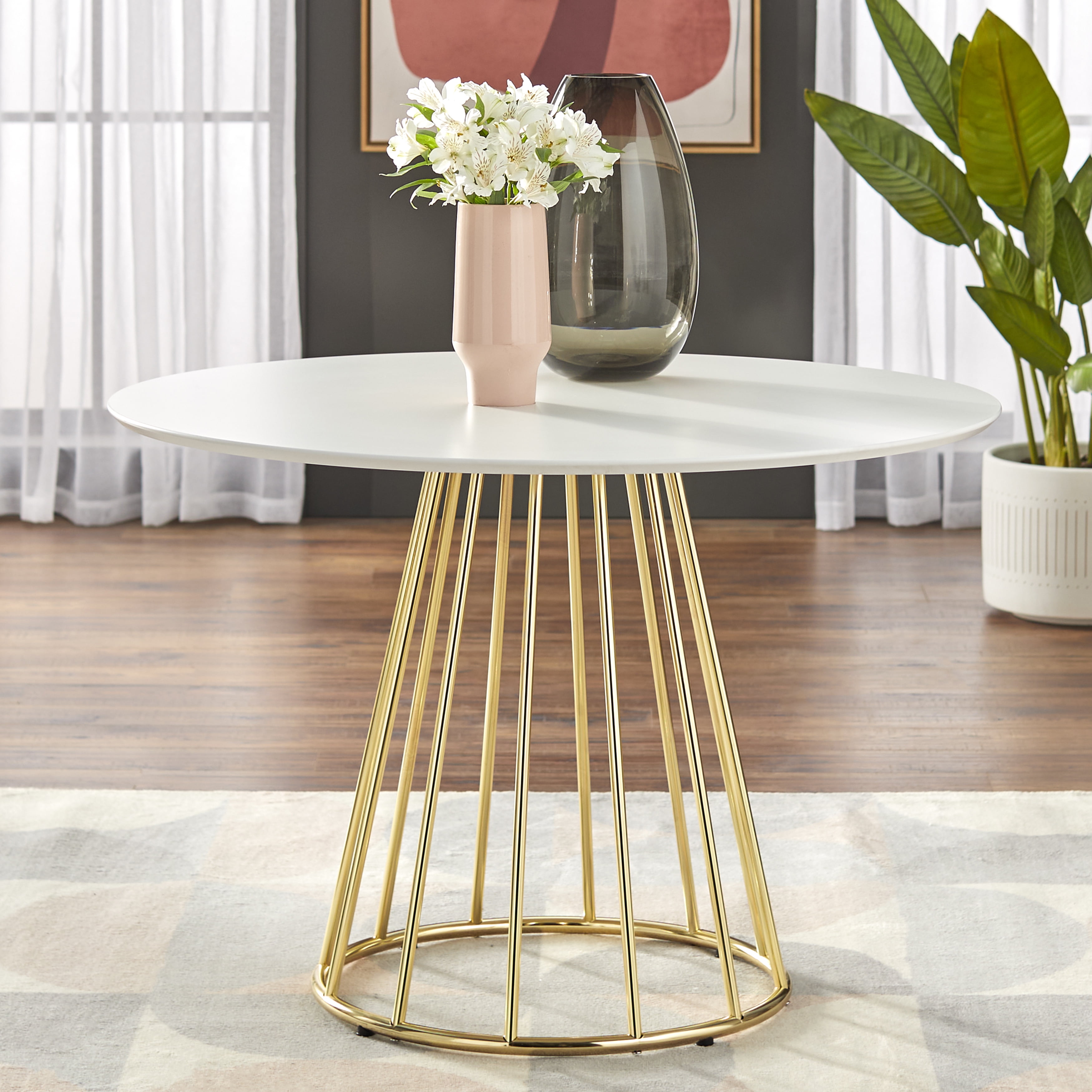 TMS Marsai 43" Round Metal Indoor Dining Table, White/Gold