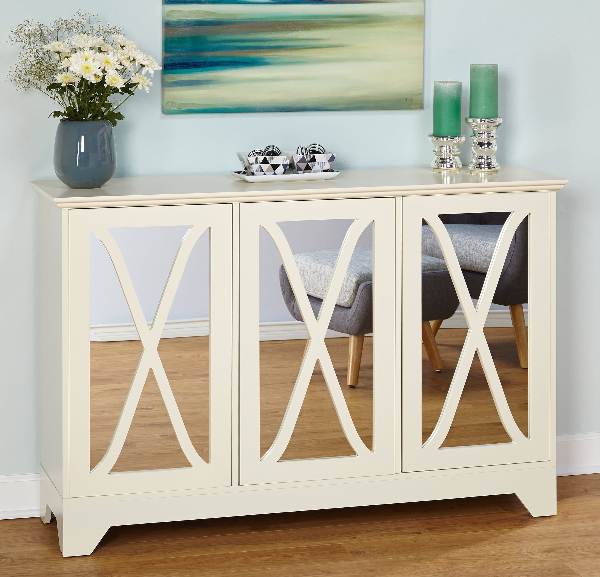TMS Reflections Buffet Console with Mirrored Doors, Antique White