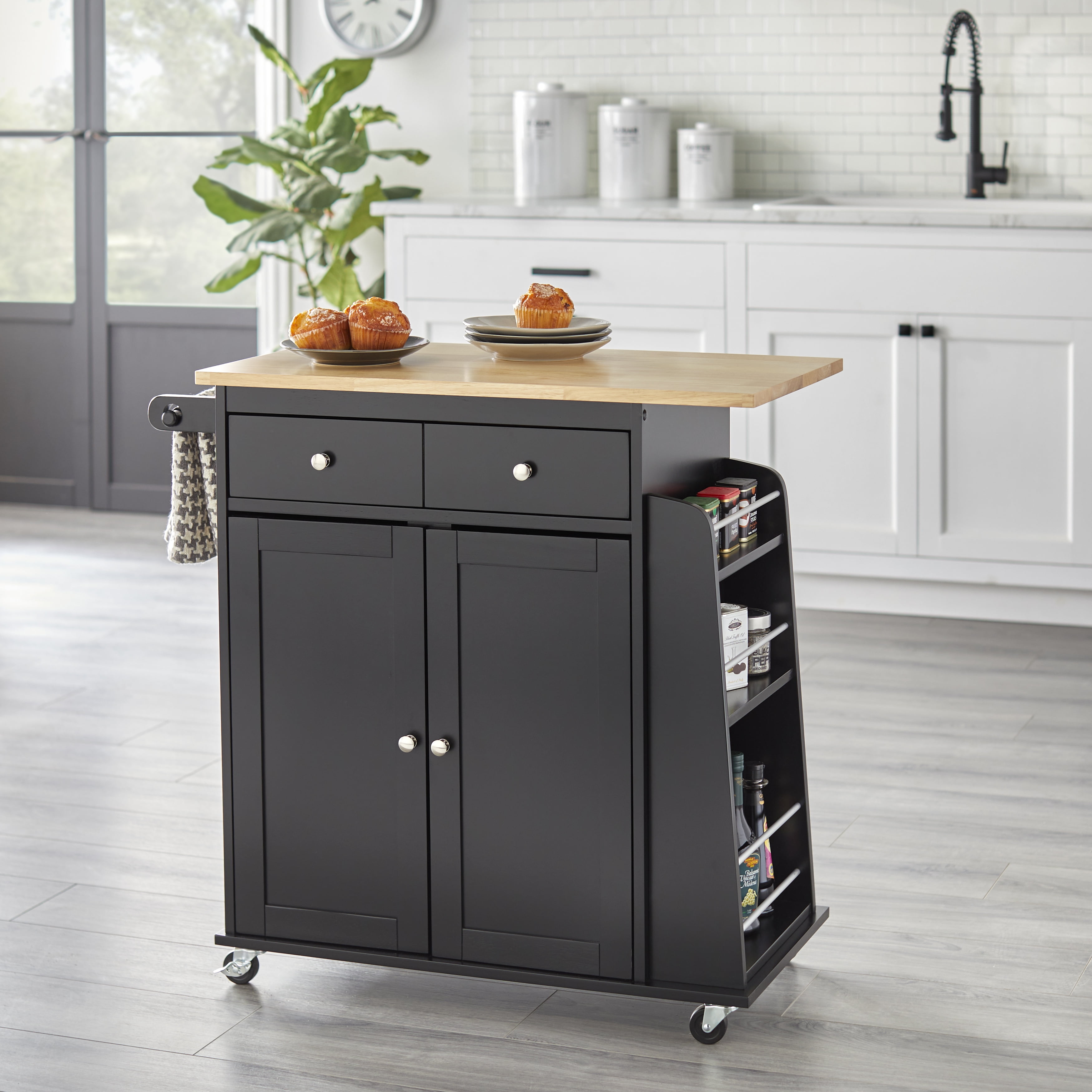 TMS Sonoma Buther Block Rolling Kitchen Cart with Adjustable Shelves, Drawer, Towel Rack, and Spice Rack, Black