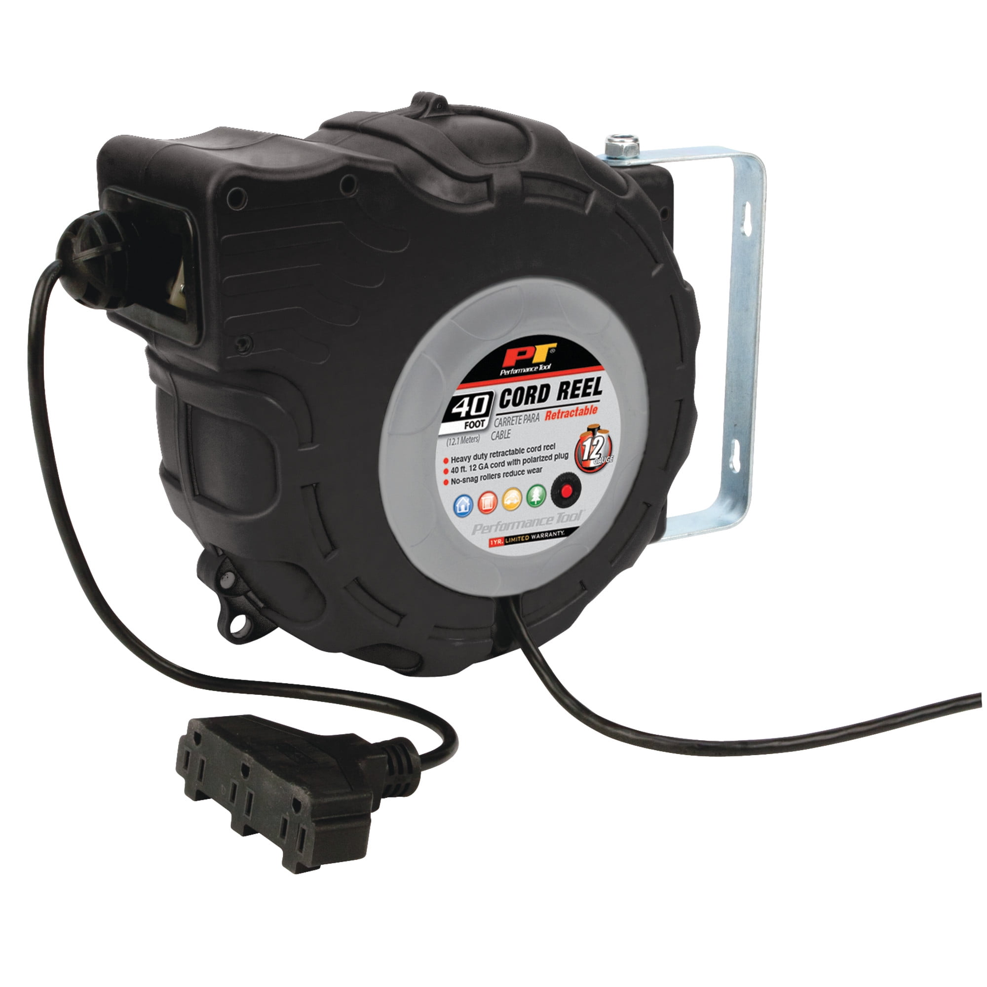 Performance Tool W2278 40ft 12-Gauge Retractable Power Cord Reel with Spring Loaded Auto-Rewind