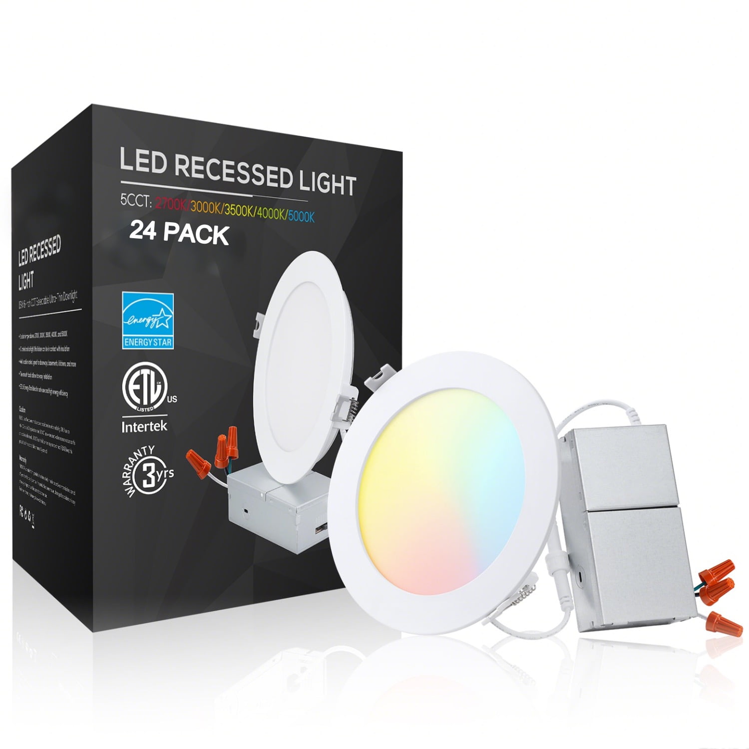 TORCHSTAR 24-Pack 6 Inch LED Recessed Lighting with Junction Box, CRI90, 5CCT Dimmable Ultra-Thin Recessed Downlight, 2700K-5000K Color Temperature Selectable, ETL and Energy Star Certified