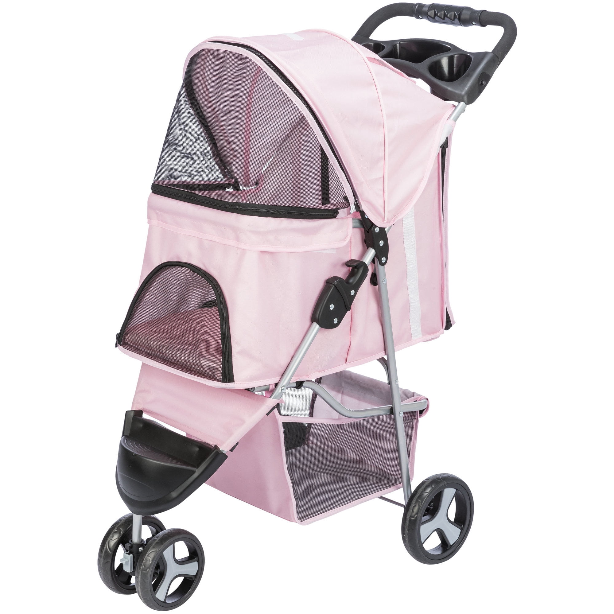 TRIXIE 3-Wheeled Foldable Dog & Cat Stroller with Canopy and Storage Compartments, Pink
