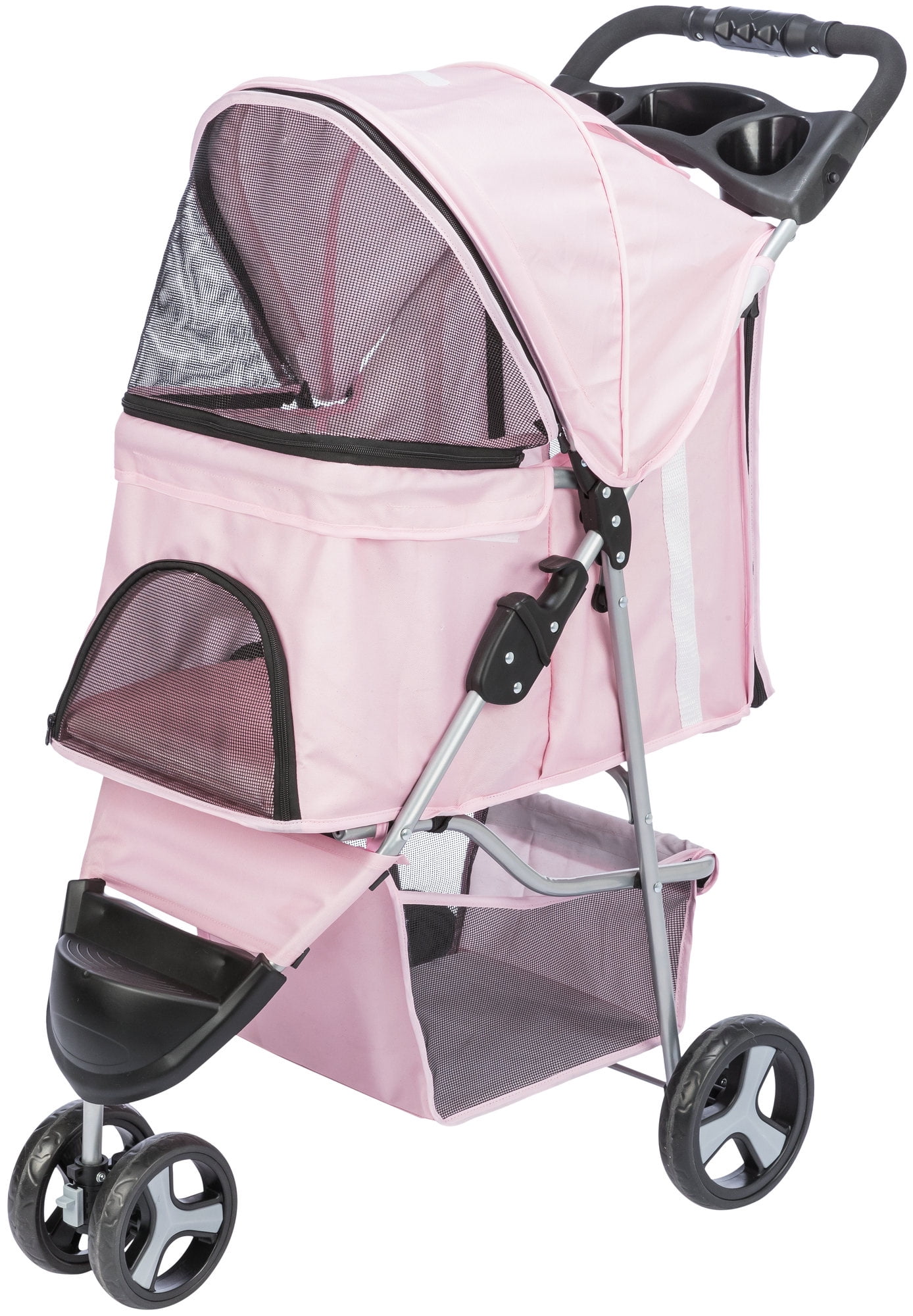 TRIXIE 3-Wheeled Foldable Pet Standard Stroller with Storage, Pink