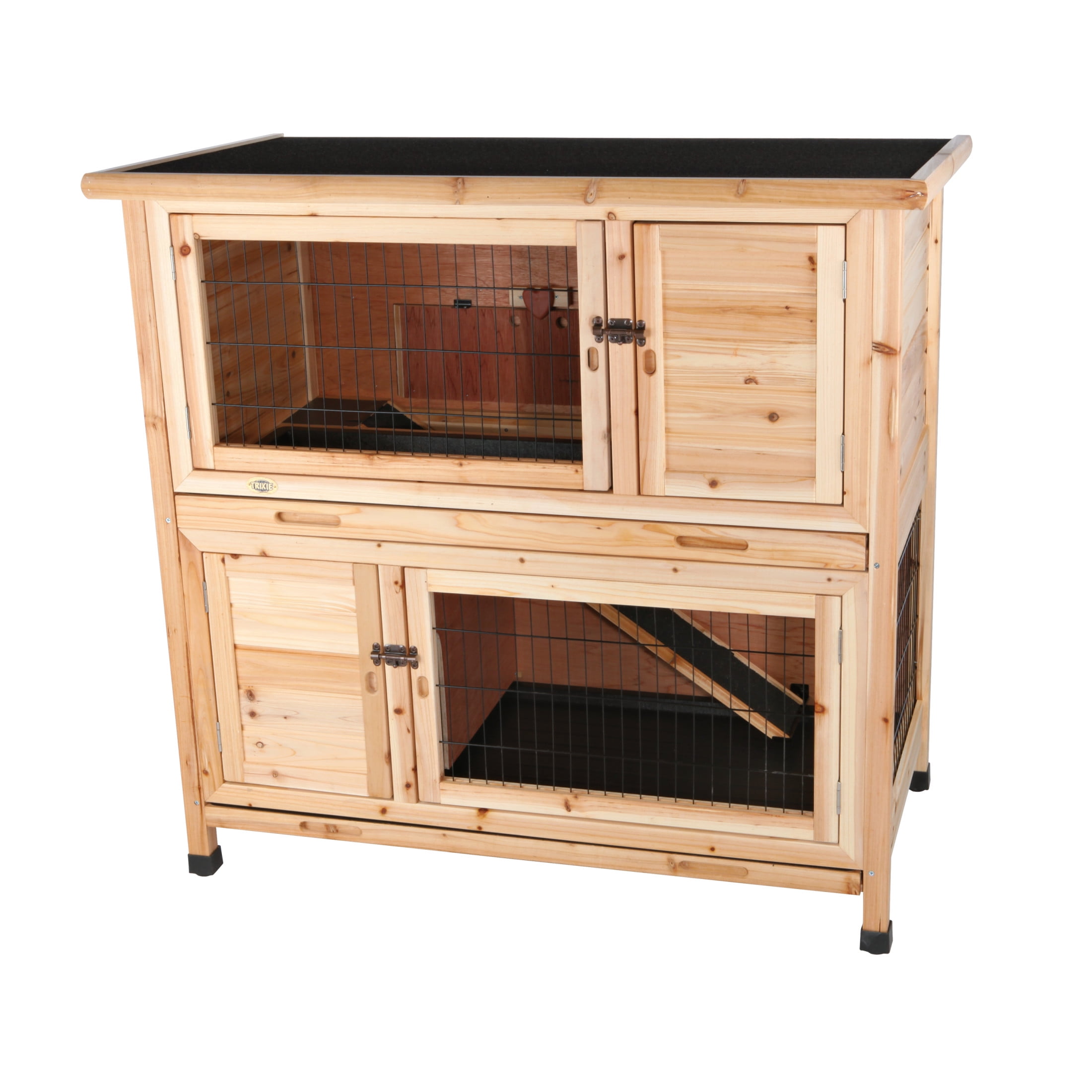 TRIXIE natura Double Weatherproof Outdoor 2-Story Wooden Small Animal Hutch with & Pull-Out Trays & Ramp, Brown