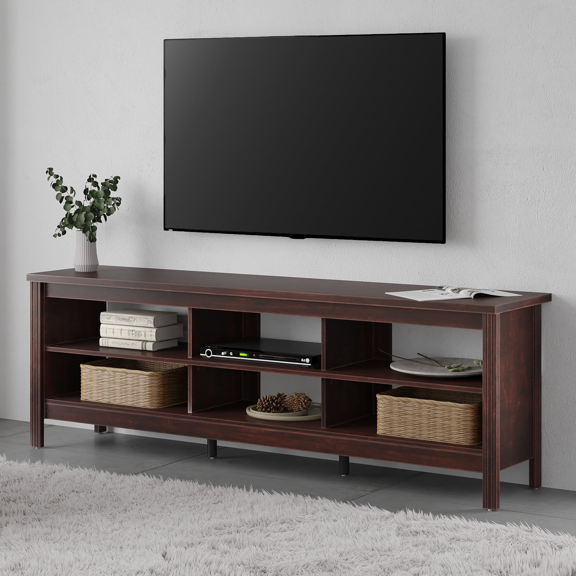 TV Stand for 75 Inch, Wood Entertainment Center TV Console Media Table with 6 Storages for Living Room Bedroom, Brown 70 inch