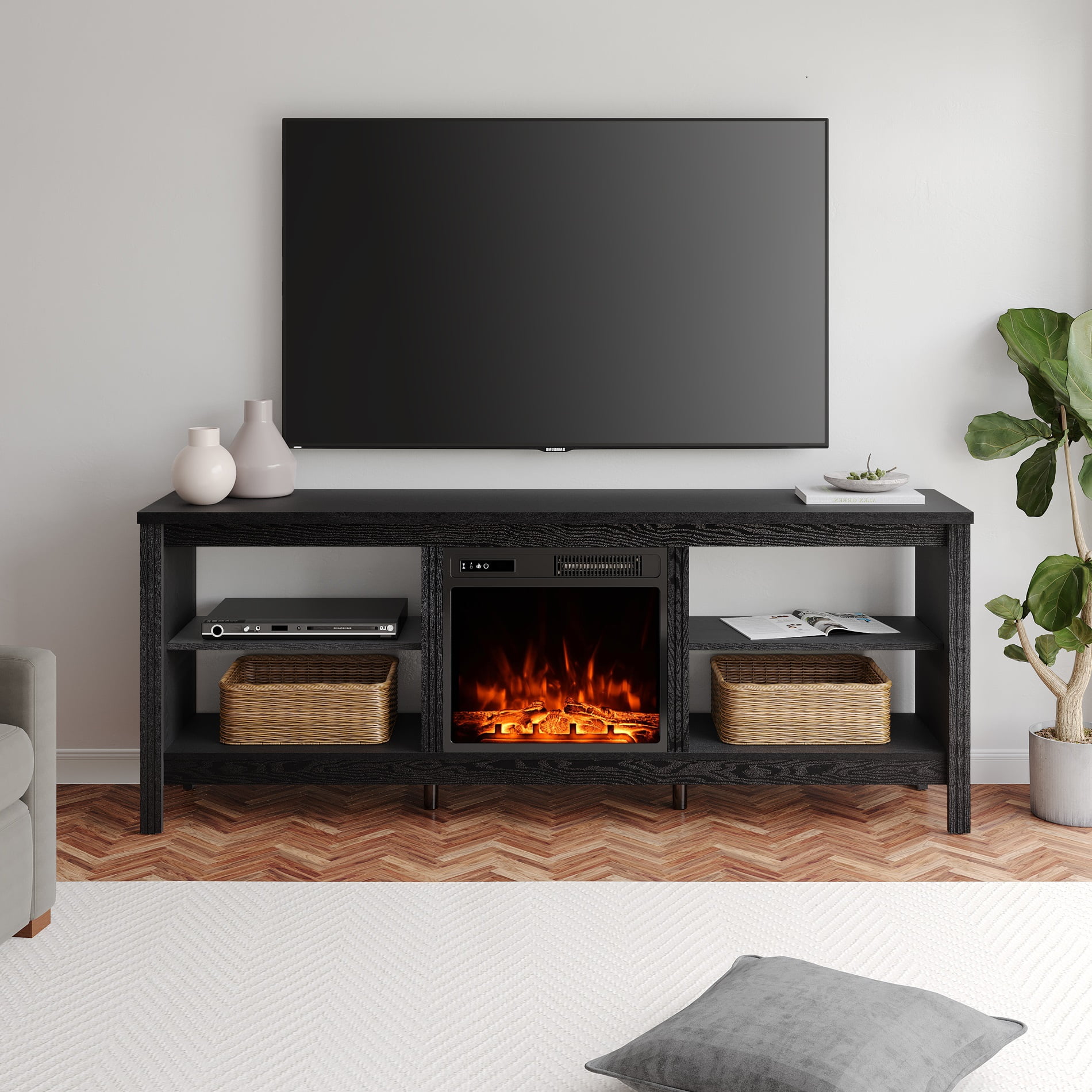 TV Stand for 80 inch TV with Electric Fireplace for Living Room, Black Entertainment Center for 75 inch TV for Bedroom, 70 inch