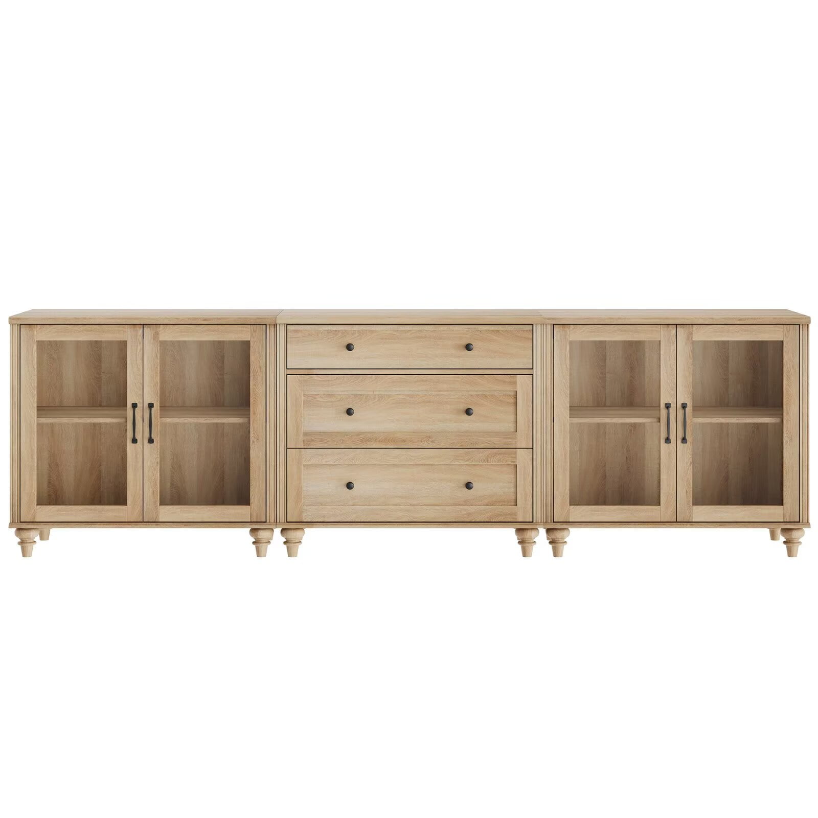 TV Stand for 100-Inch TV, 3-in-1 TV Console Table for 75/80/85/90-Inch TVs, Entertainment Center with Glass Door & Drawer, Oak Kitchen Sideboard Buffet Cabinet for Dining Room