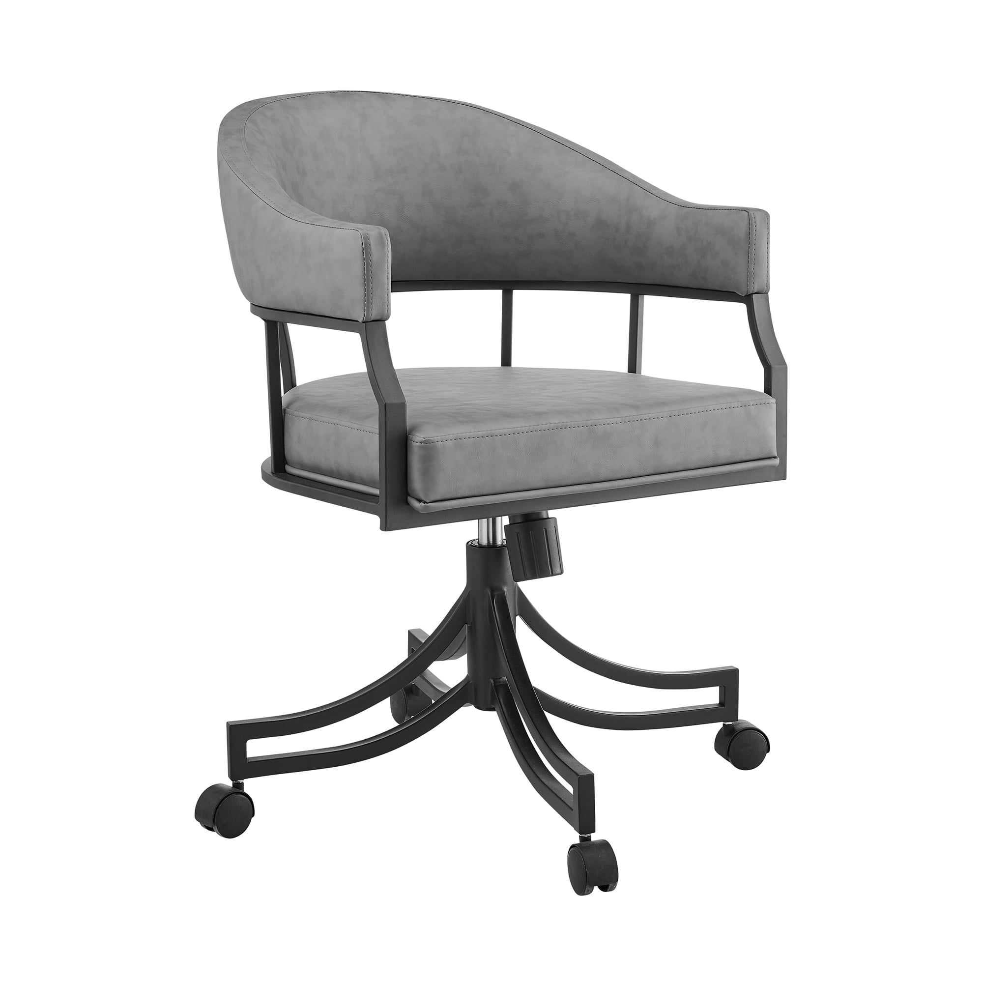 Tibet Swivel Tilt Rolling Dining Chair with Matte Black Iron and Vintage Gray Faux Leather