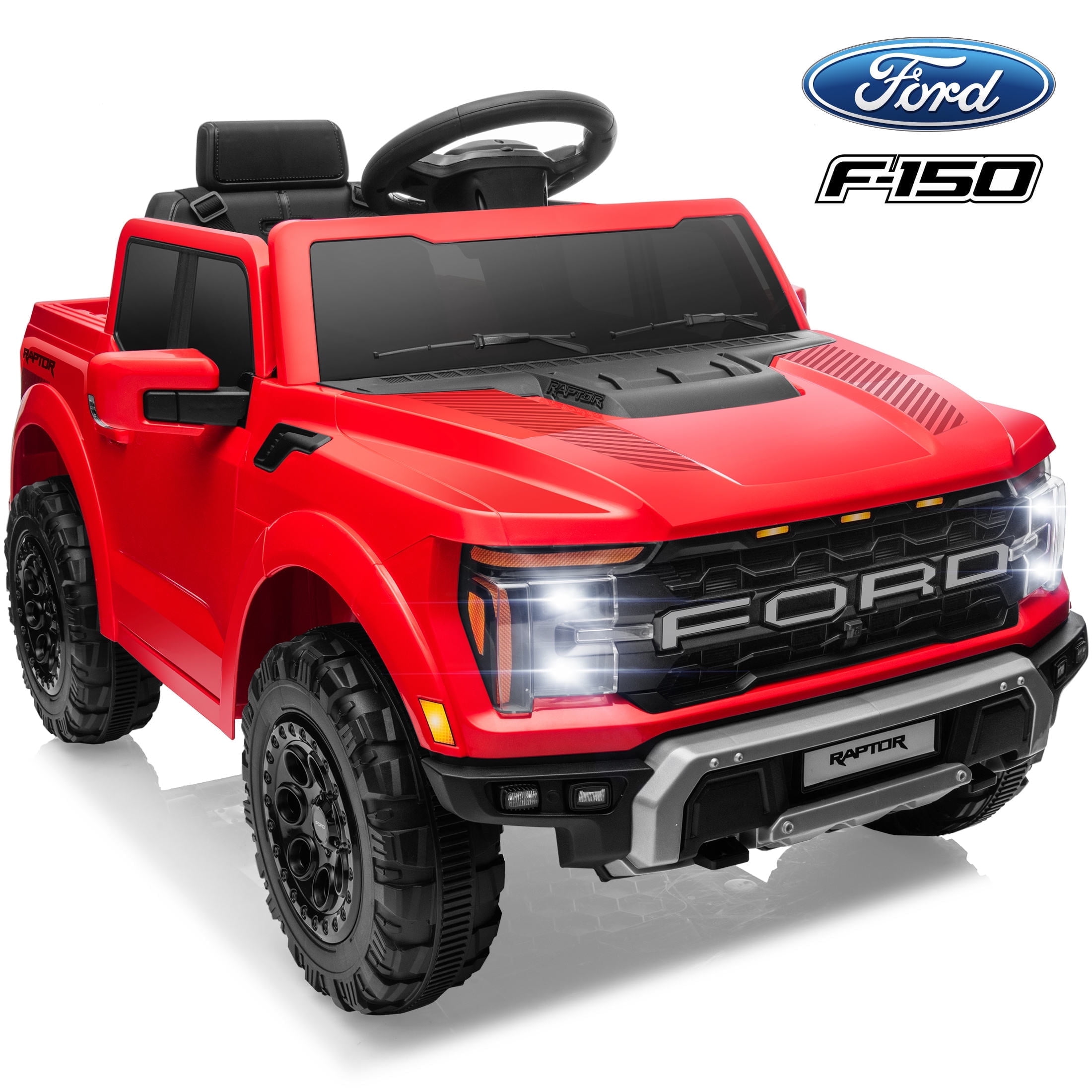 Licensed Ford Raptor F150 12V Kids Electric Car Ride On Toy, Battery Powered Ride on Truck with Remote Control, Lights, Music, 3 Speeds, 4 Wheel Suspension Ride on Car for 3-5 Year Boys Girls, Red