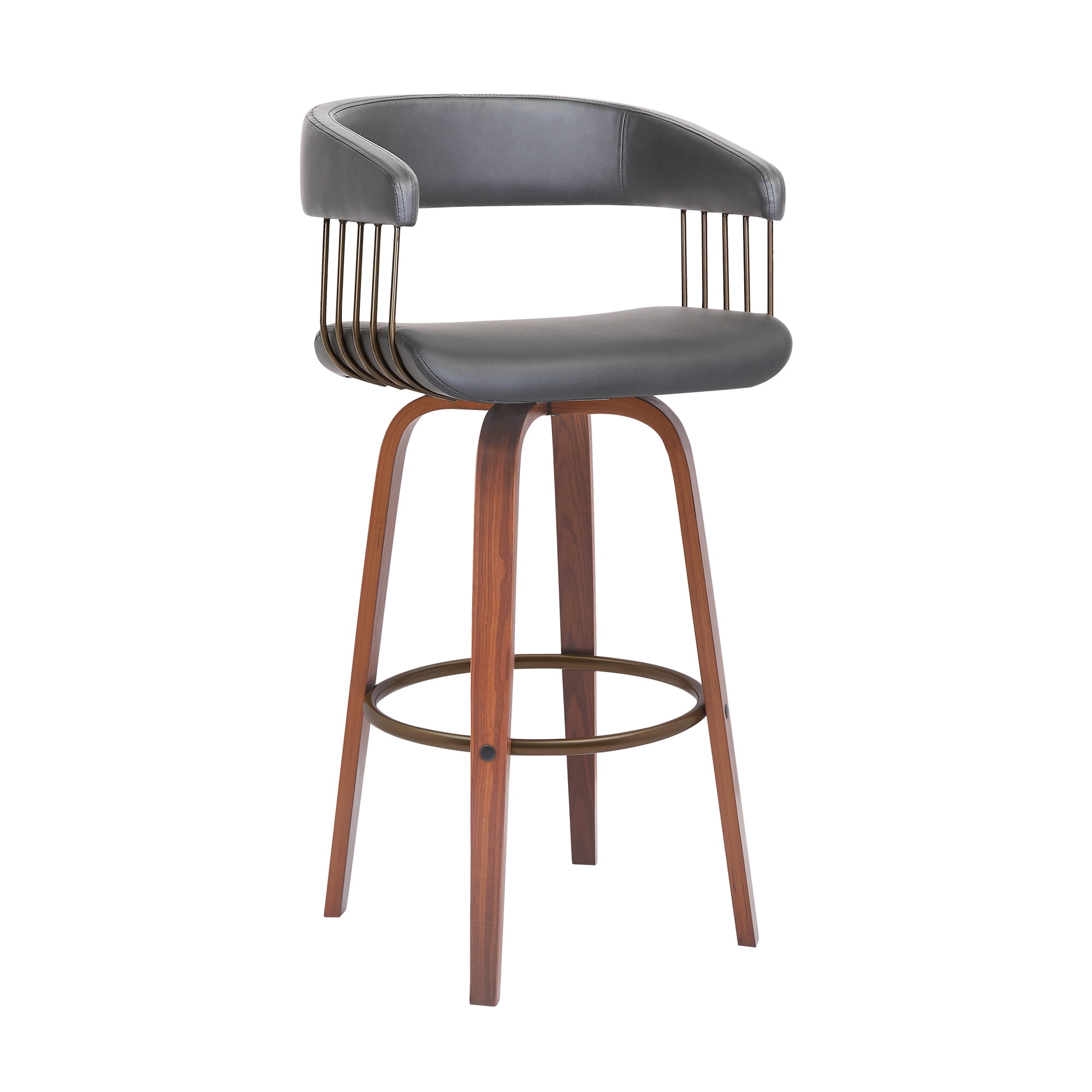 Topanga 30.5" Swivel Walnut Wood Bar Stool in Gray Faux Leather with Golden Bronze Metal