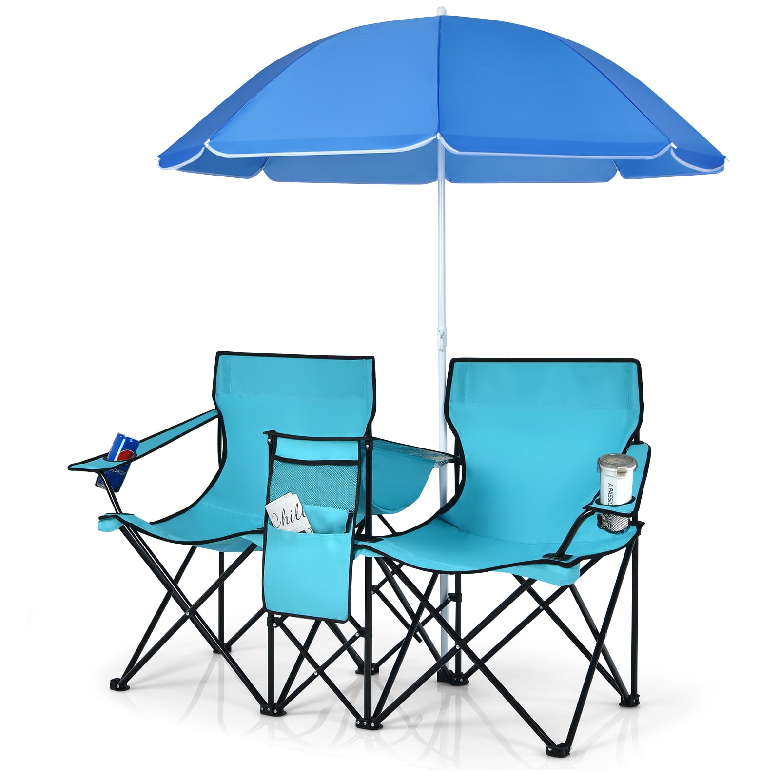 Patiojoy Portable Double Camping Chair Folding Picnic Loveseat W/ Removable Adjustable Umbrella Carrying Bag Side Pocket & Cupholder Turquoise