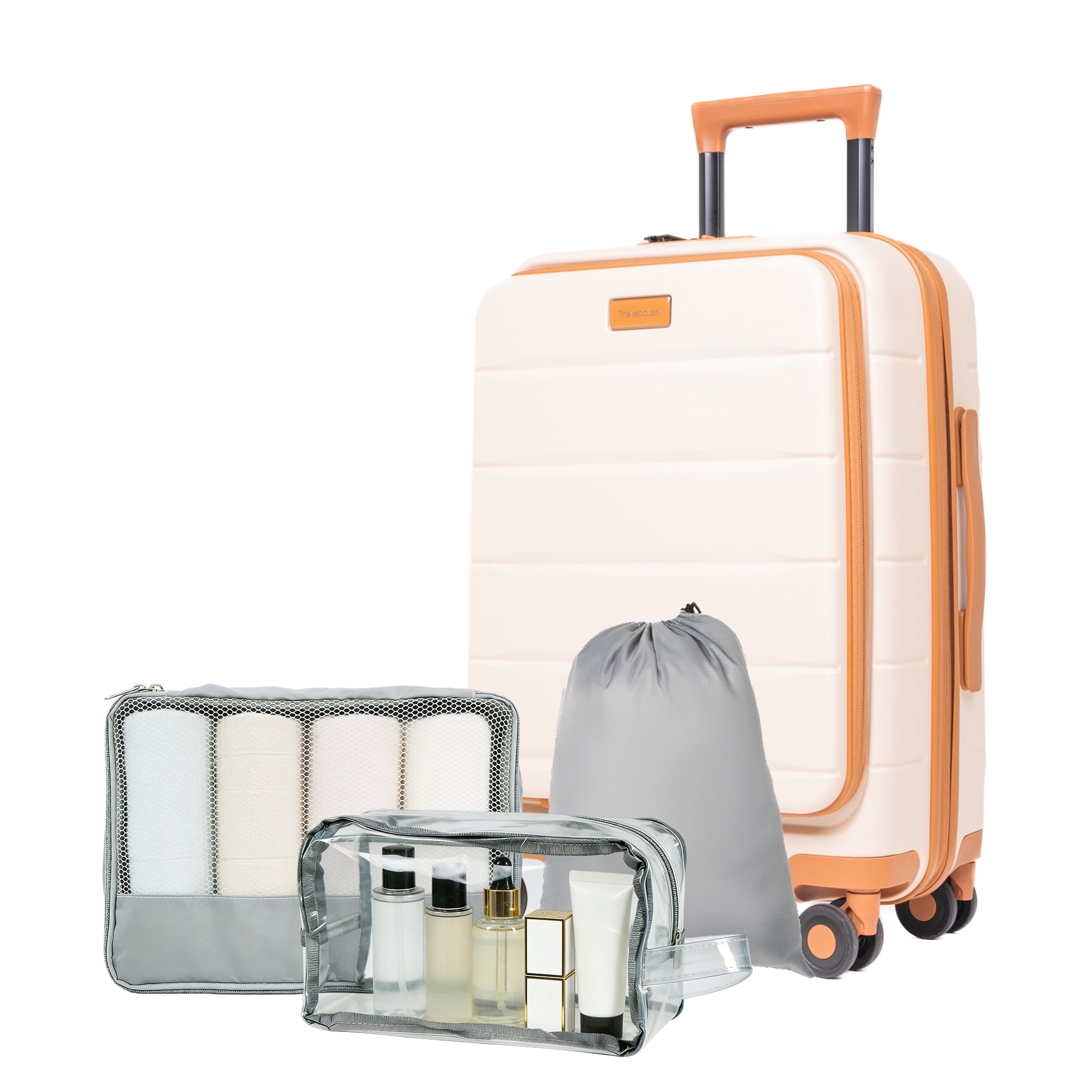 Travelhouse Carry-On Luggage Sets Front Open 4 Piece Hardside Suitcase Set with Spinner Wheels TSA Lock Toiletry Bag and Shoe bag,White