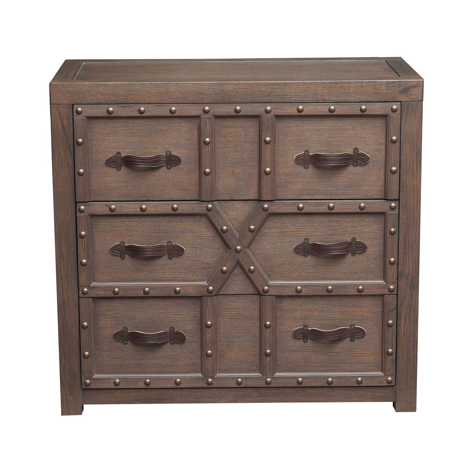Traditional Styled Three Drawer Nail Head Accent Chest with Industrial Influence