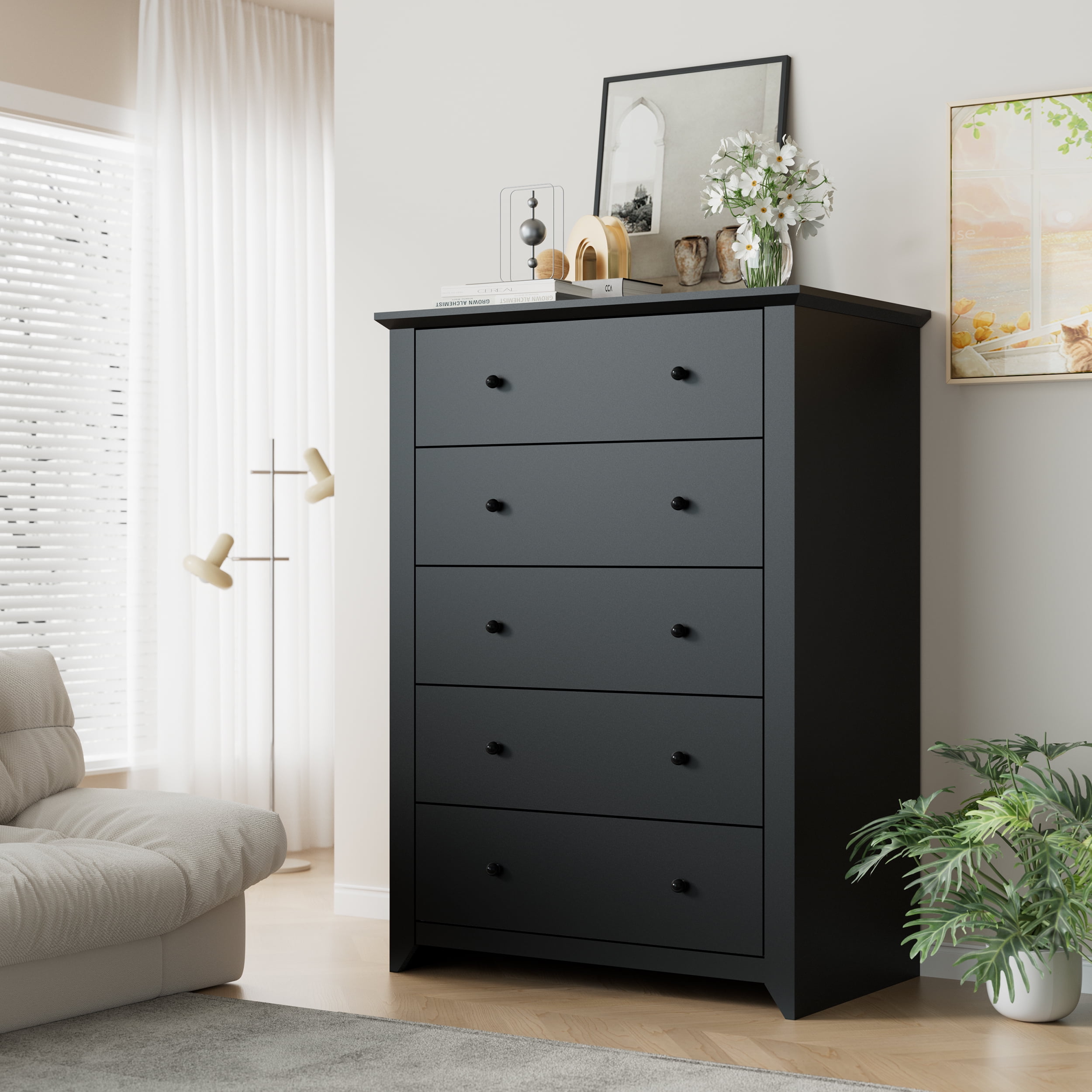 TrumanPick Black Dresser for Bedroom with 5 Drawers 47" Tall Chest of Drawers Wooden Dressers for Closet Living Room
