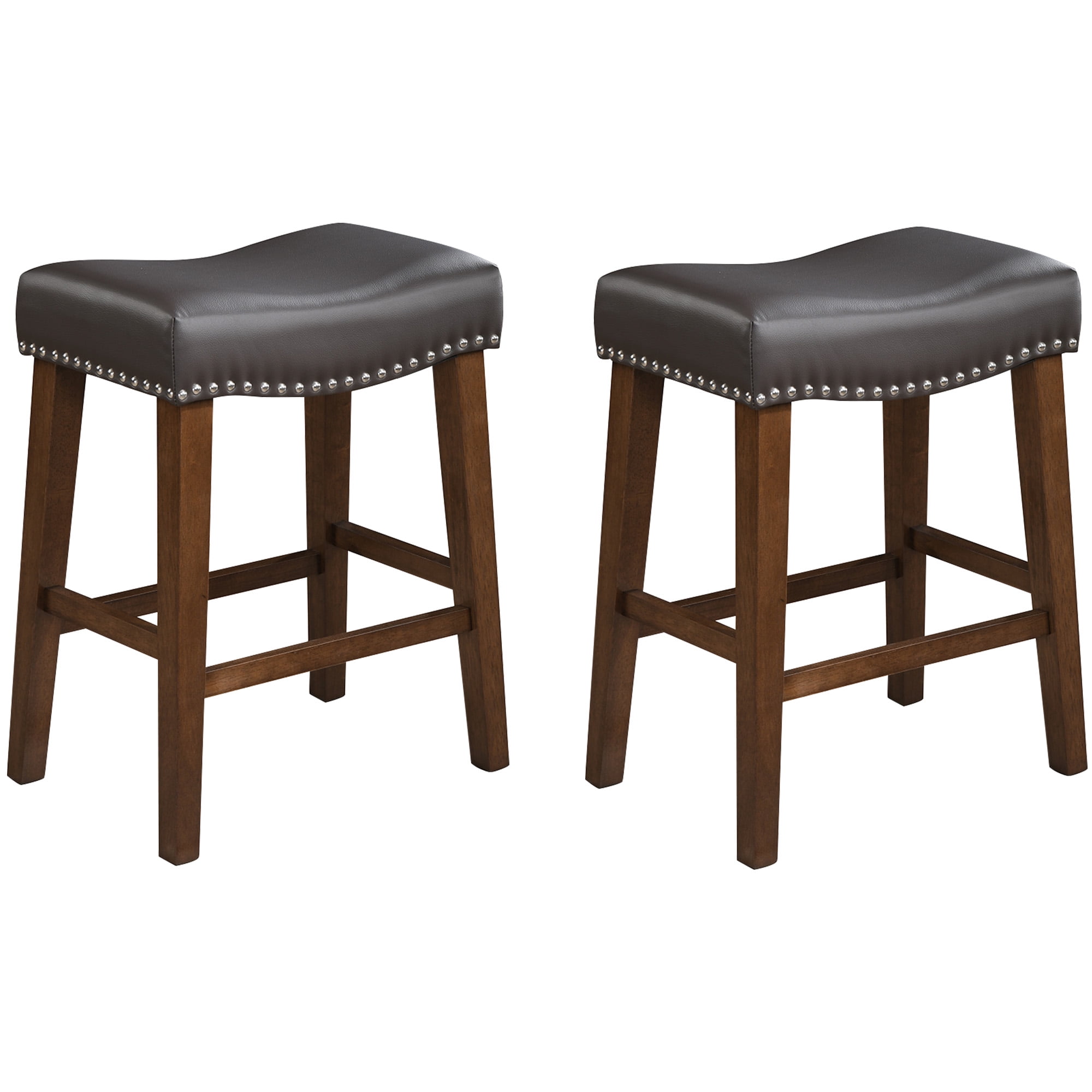TrumanPick 24" Bar Stools Set of 2 Counter Height Stools Modern Saddle Barstools for Kitchen Island Leather Bar Chairs, Brwon