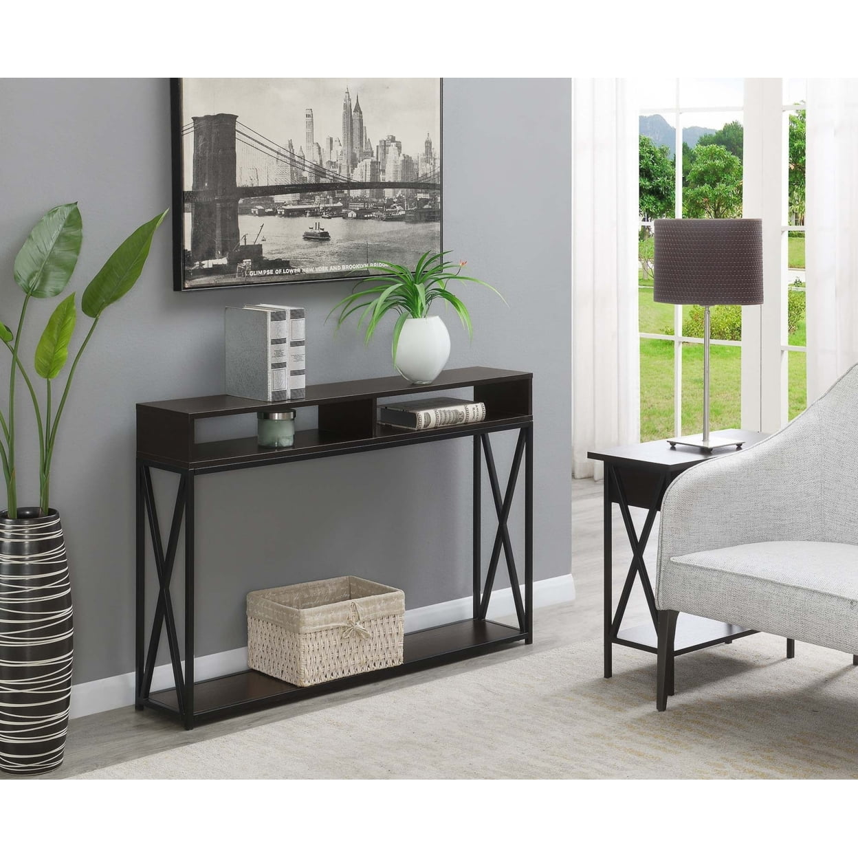 Tucson Deluxe 2 Tier Console Table in Espresso Wood Finish and Black Frame