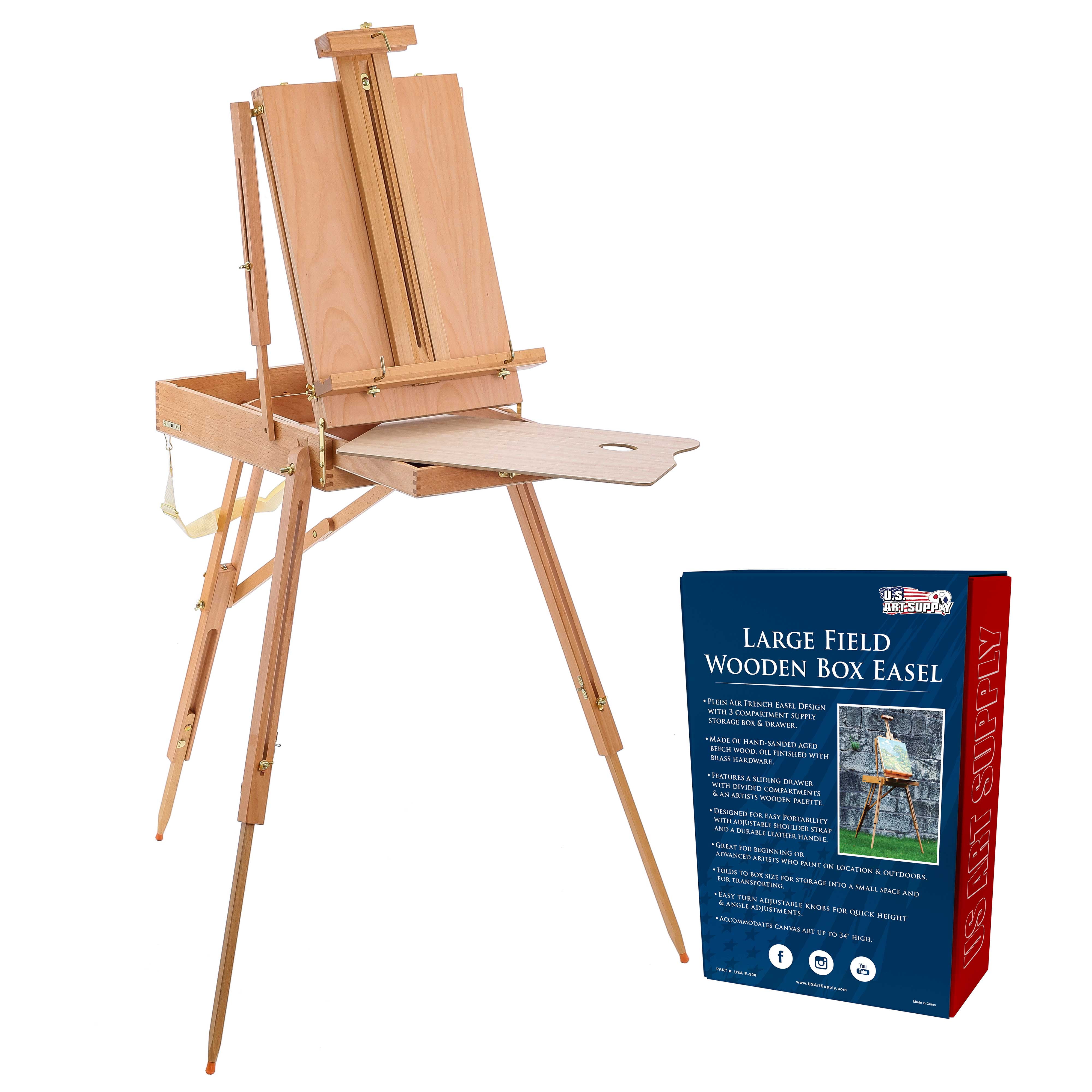 U.S. Art Supply Coronado Large Wooden French Style Field and Studio Sketchbox Easel with Artist Drawer, Palette, Premium Beechwood - Adjustable Wood Tripod Easel Stand for Painting, Sketching