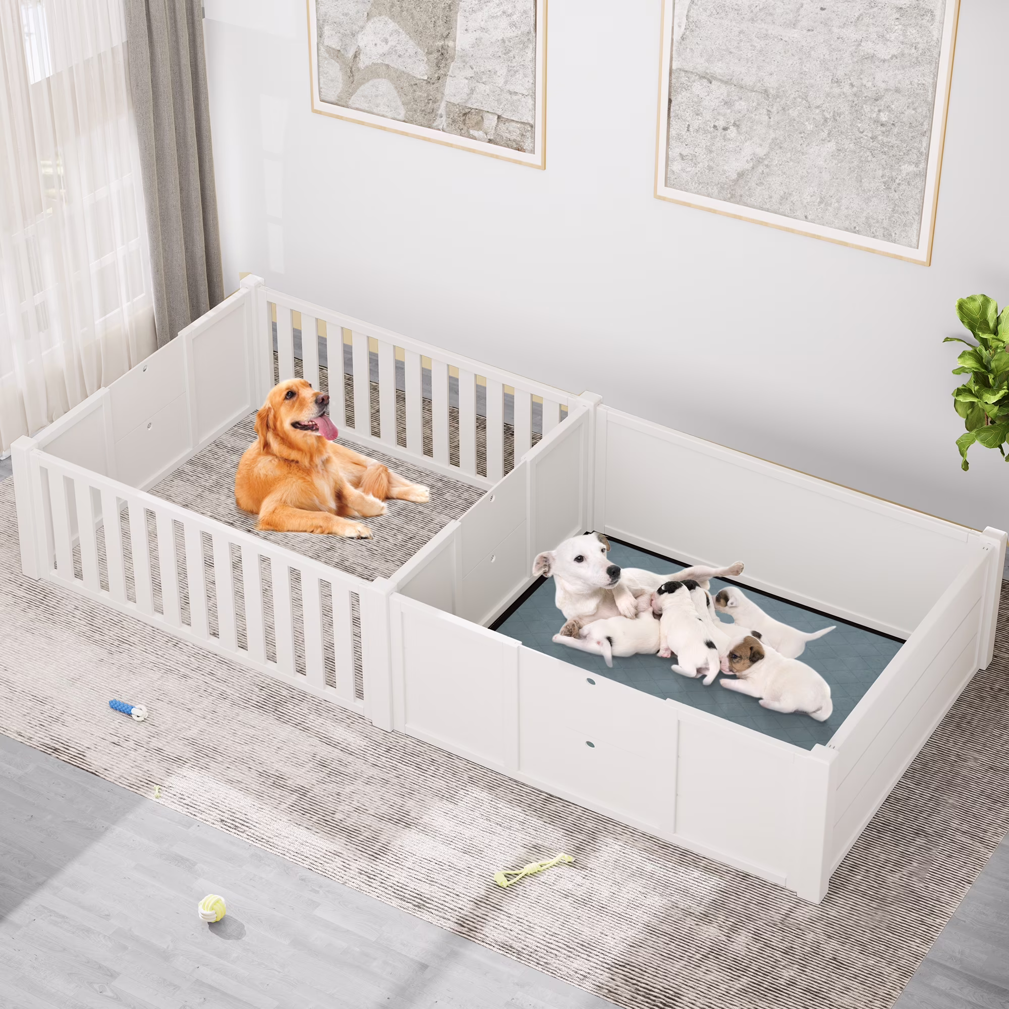 Uforic Whelping Box for Dogs,Spacious Wooden Dog Crate,Puppy Birthing Supplies with Waterproof Floor Mat, Double Rooms,78"L x 39.4"W x 17.7"H,White